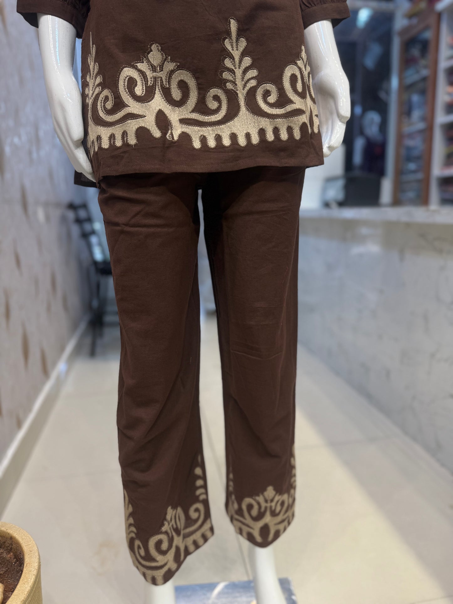 Brown Cotton Flex Embroidery Co-ords Set-HSC61