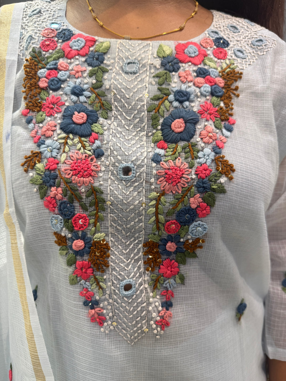 Sky Blue Pure Linen Thread Embroidery Kurti With Pant and Dupatta -HSC1221
