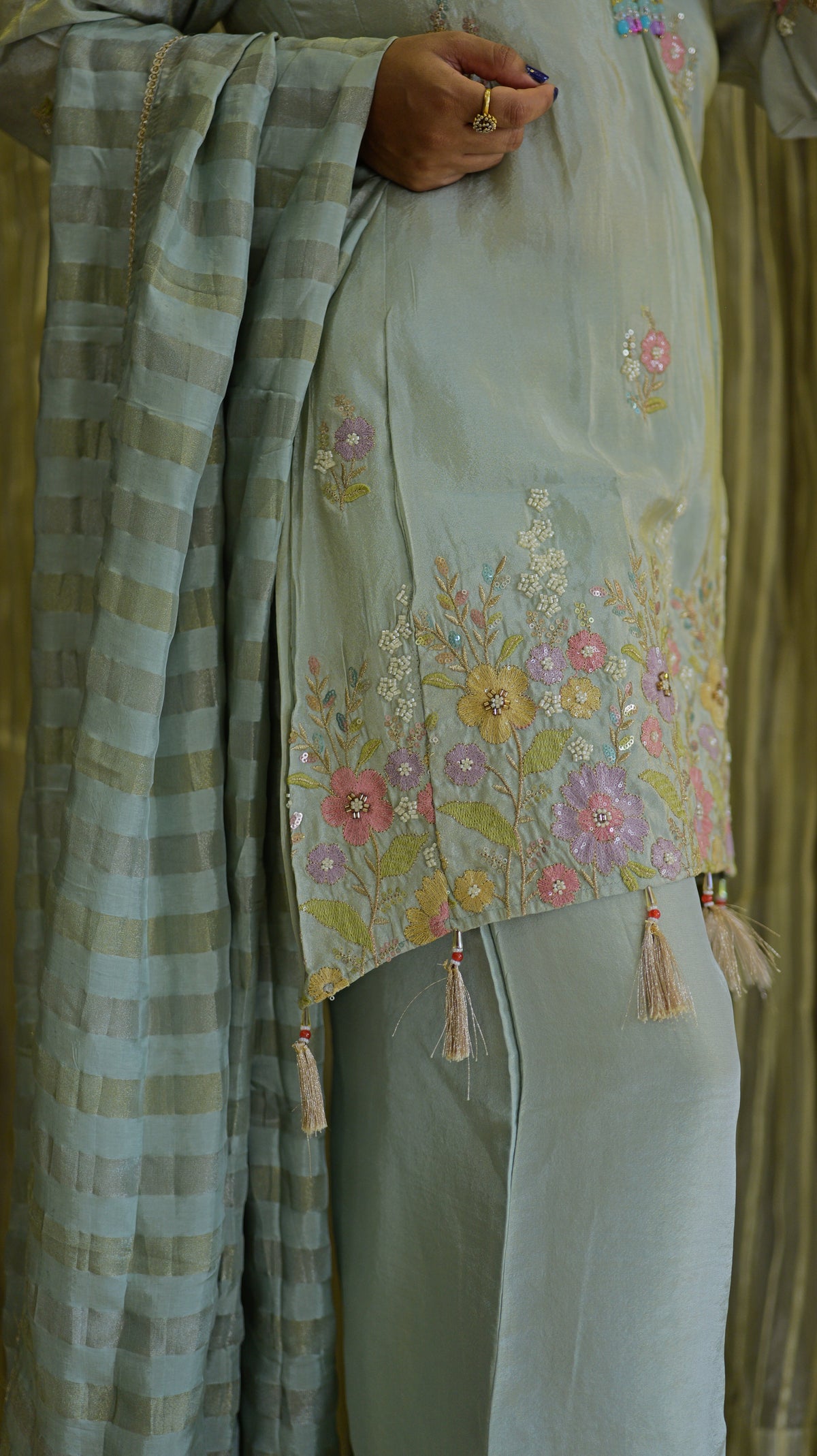Sky Blue Tissue Silk Kurti With Pant and Dupatta -HSC1244