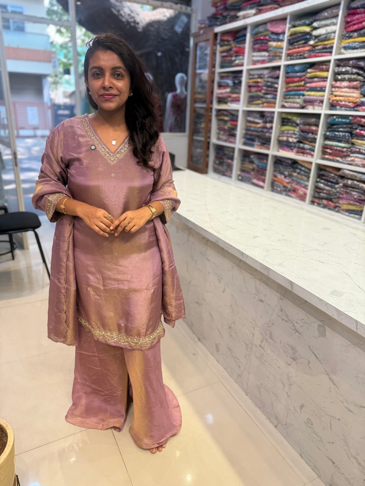 Shimmer Tissue Kurti with divider pant with scallop dupatta-HSC34