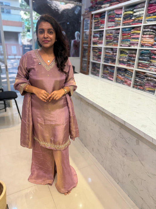Shimmer Tissue Kurti with divider pant with scallop dupatta-HSC34