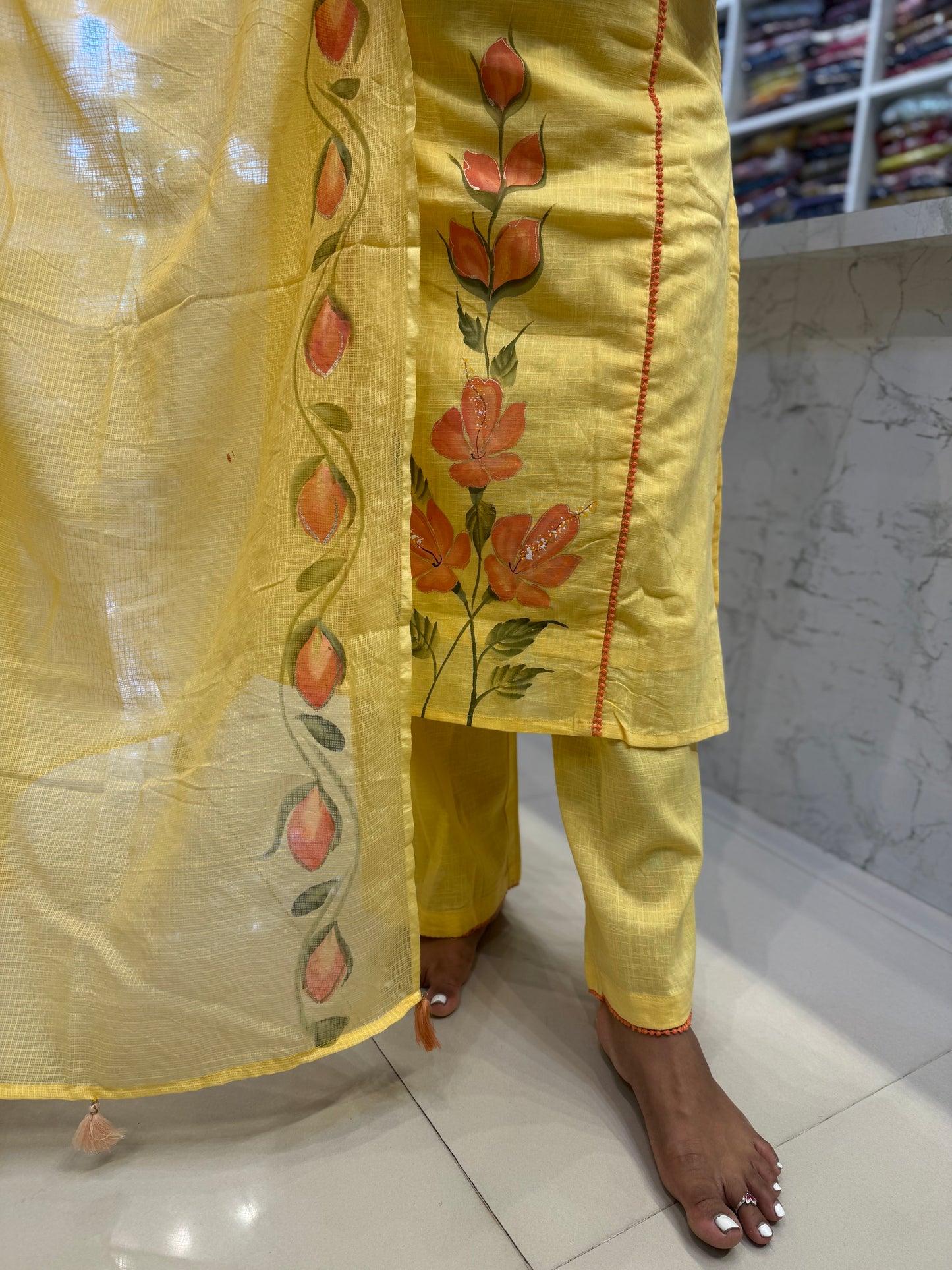 Hand Brush Painted Pure Cotton Kurti With Pant and Dupatta
