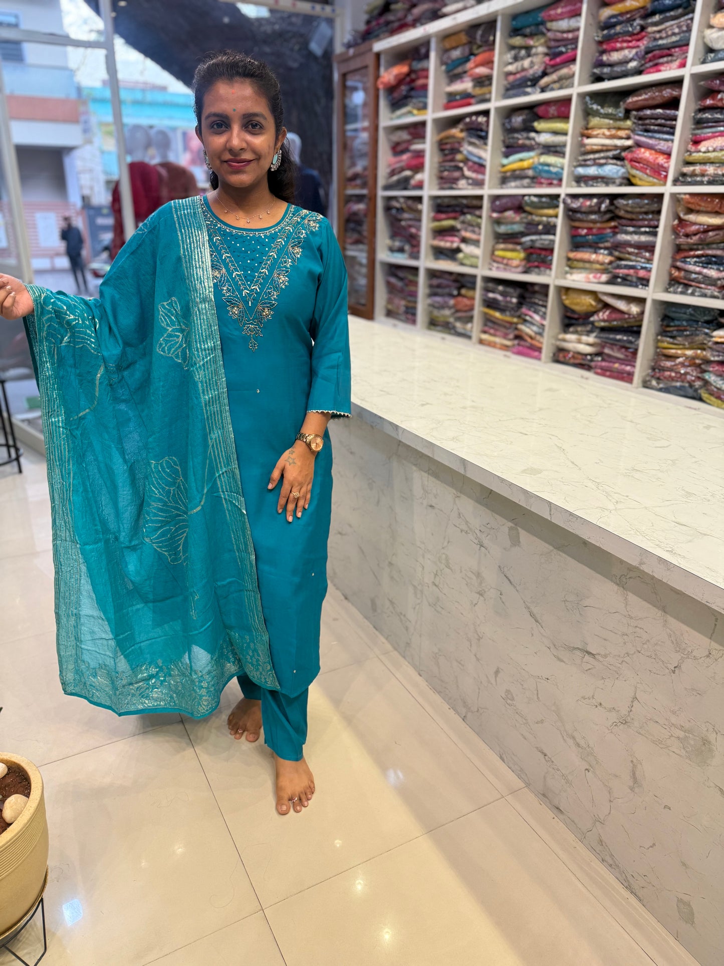 Blue Roman Silk Party wear Kurti With Pant and Dupatta