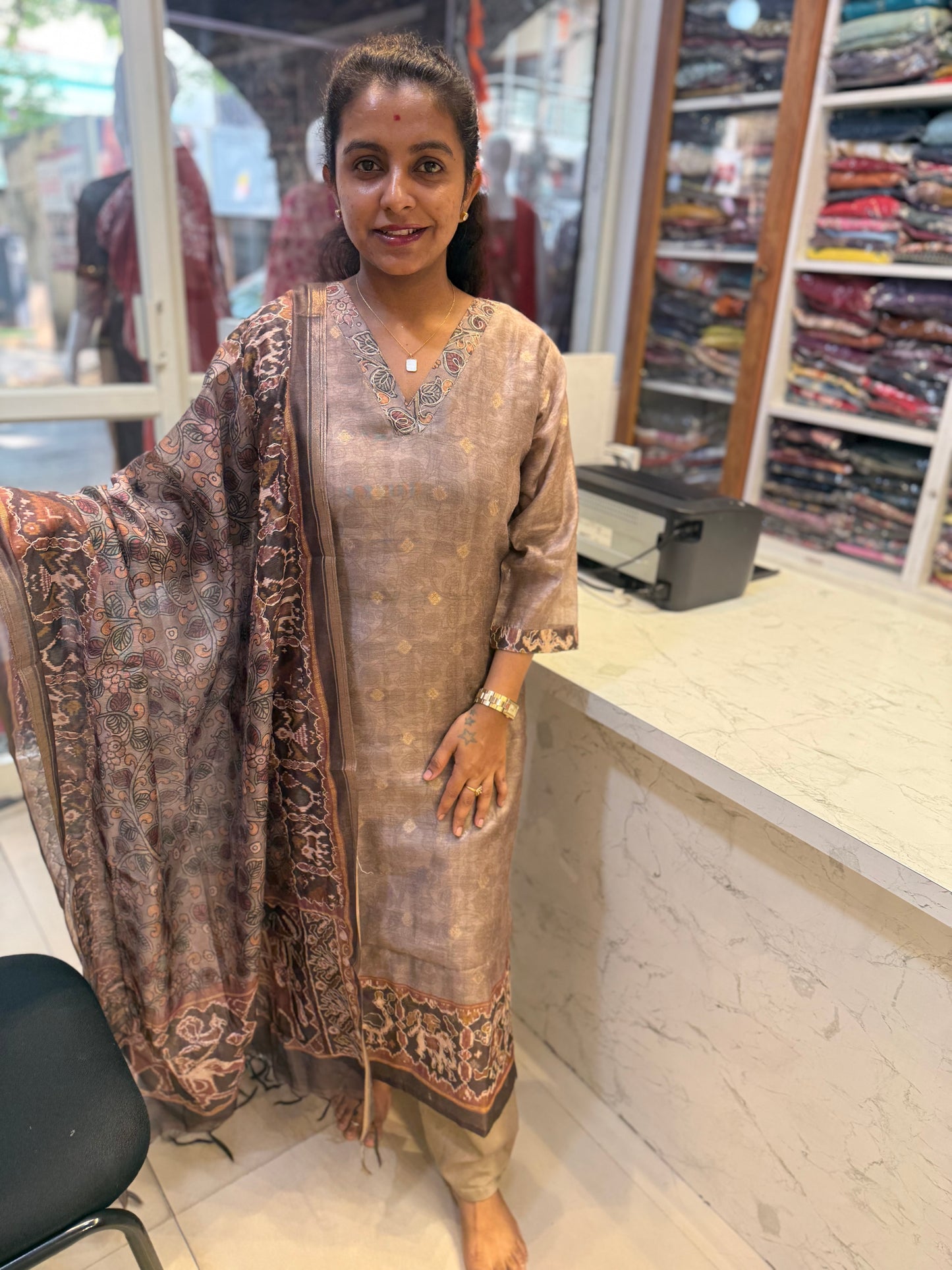 Grey Pure Tissue Linen Kurti With pant and Dupatta-HSC43