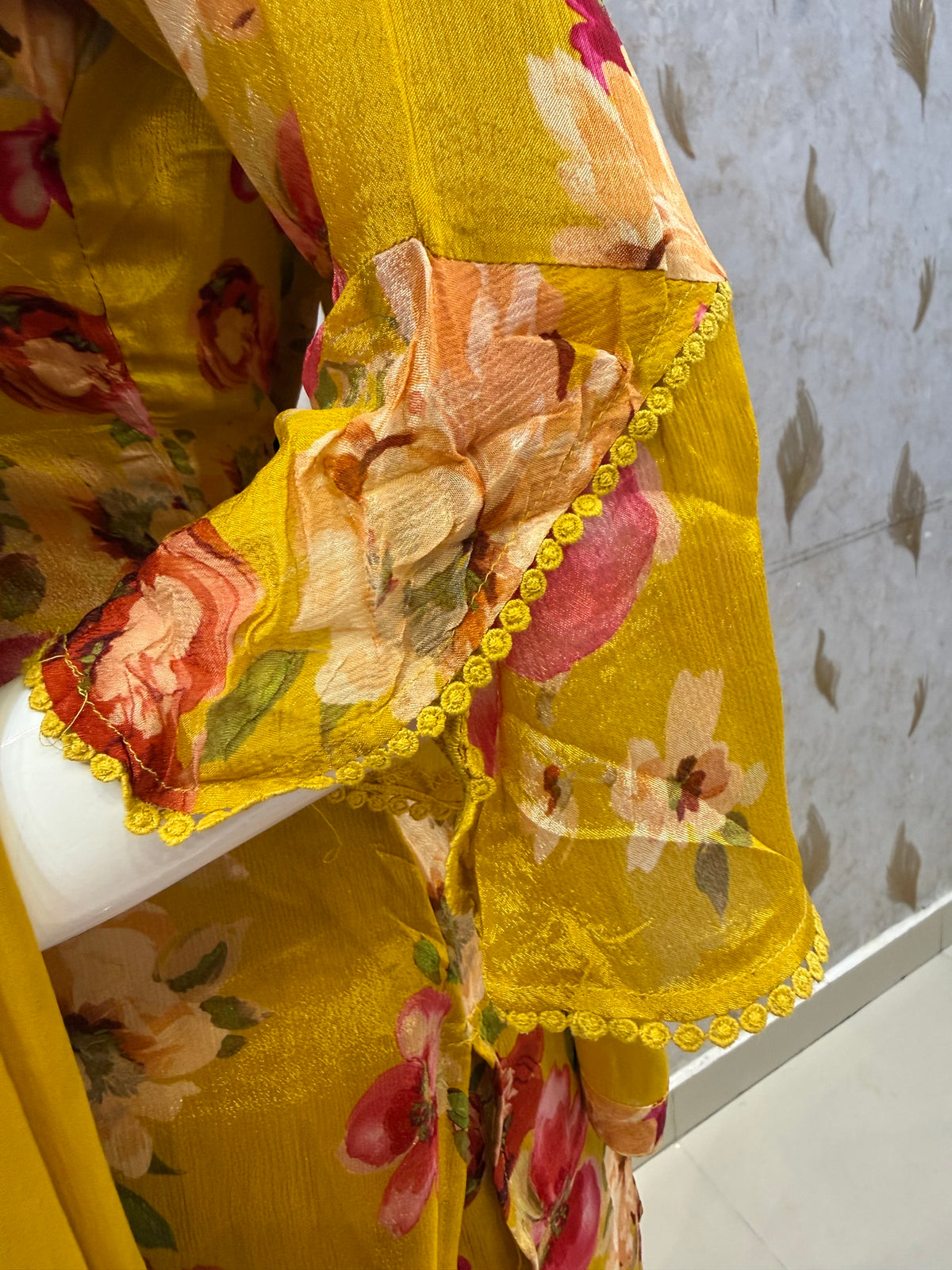 Mustard Yellow Floral Pure Chiffon Kurti With Pant-HSC1229