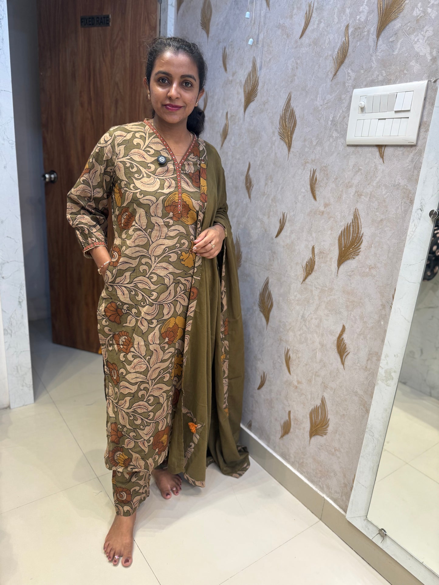 Kalamkari Printed Pure Cotton Kurti With Pant and Dupatta-HSC135