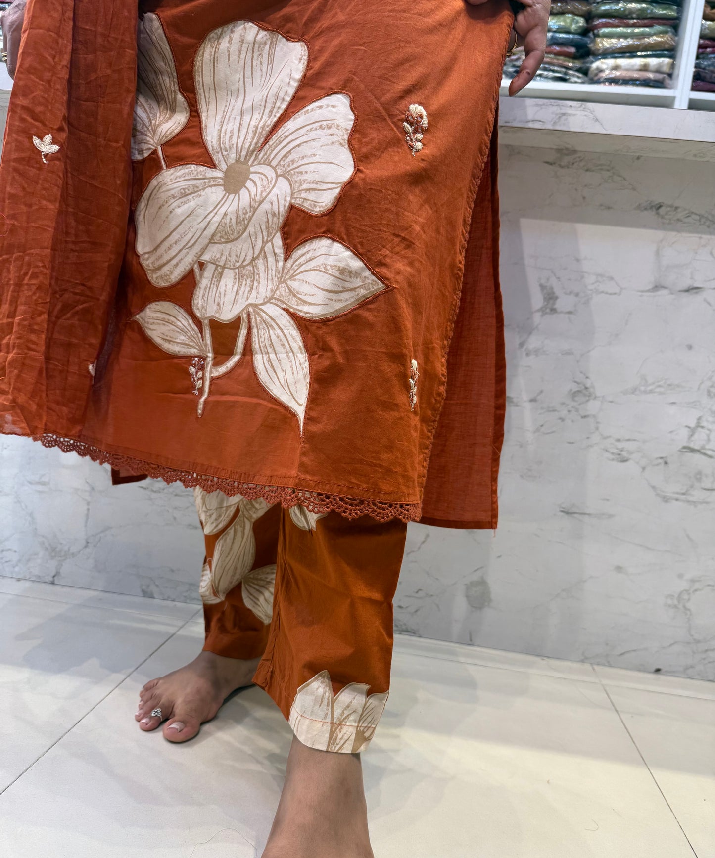 Appliqué Work Cotton Kurti With Pant and Dupatta