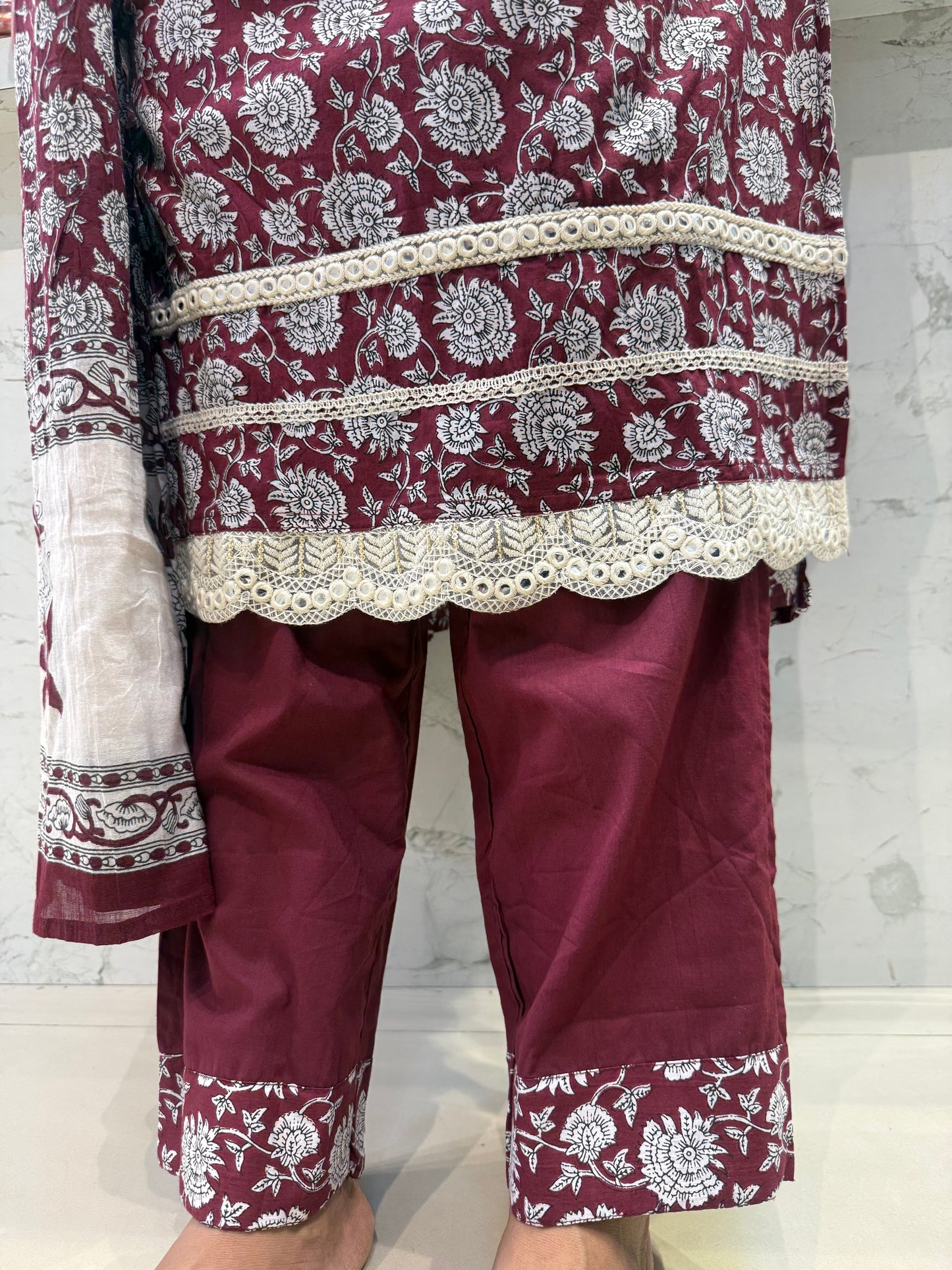 Printed Pure Cotton Kurti With Lace Detail Pant and Dupatta