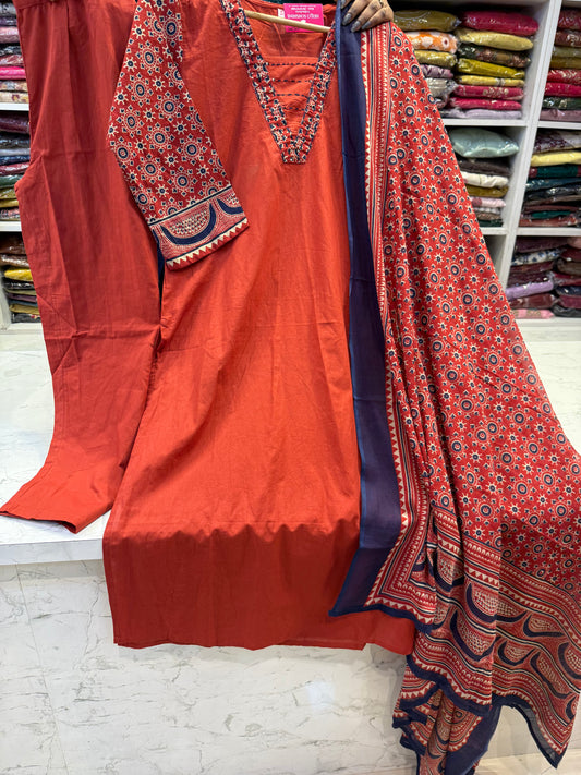 Rust Orange Kurti With Pant and Printed Dupatta -HSC1241