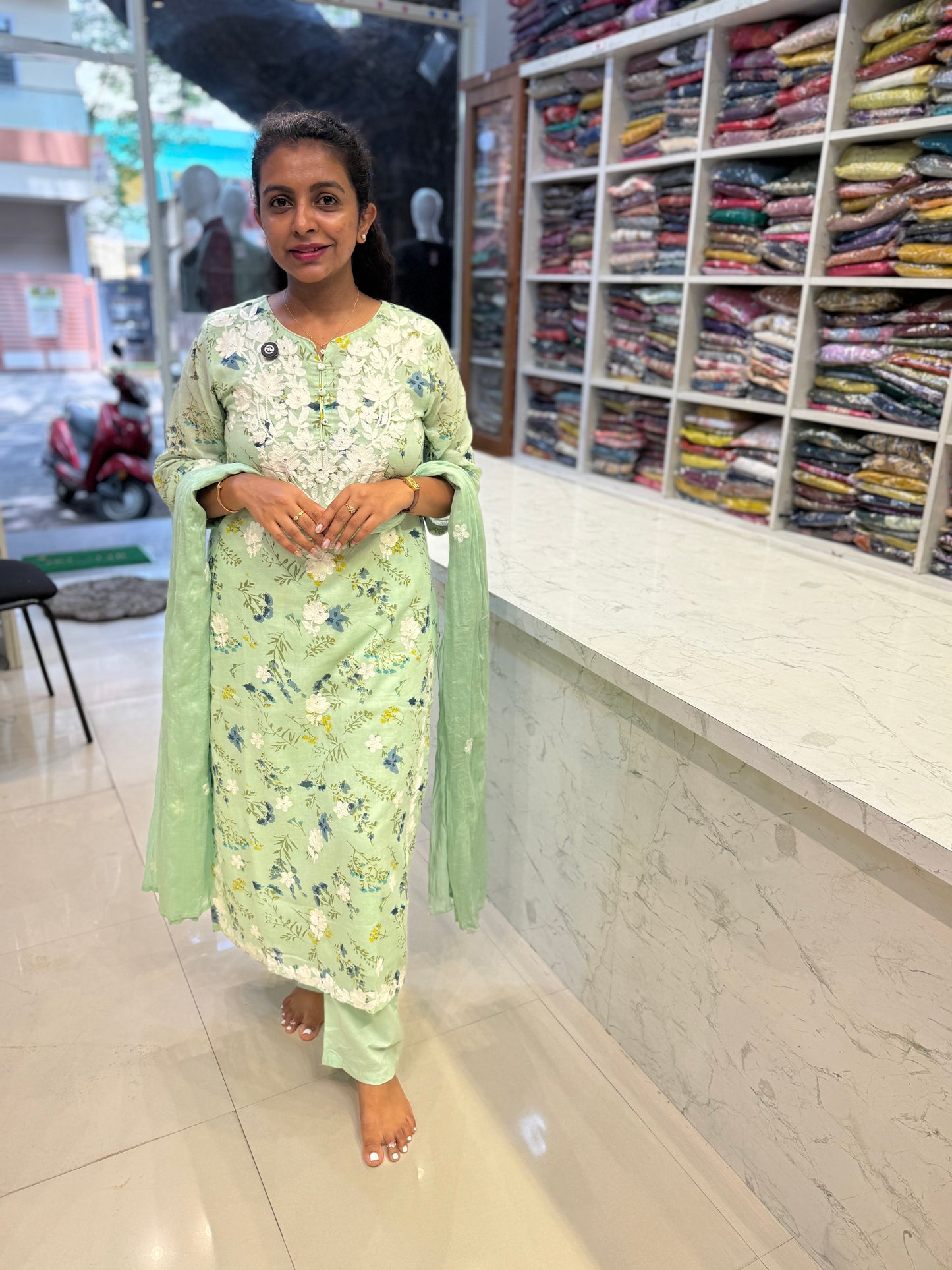 Mint Green Chikankari Mul Cotton Straight Kurta with Pant and Dupatta-HSC160