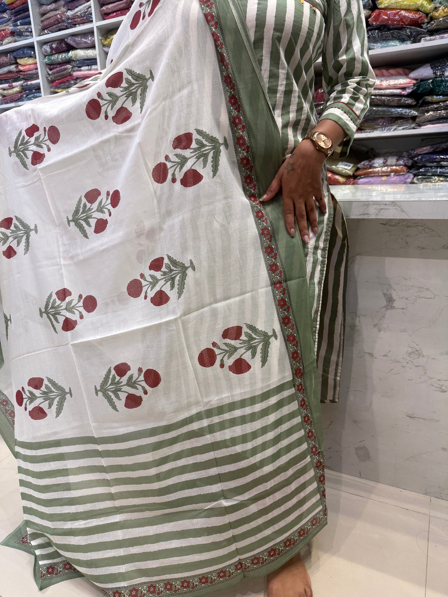 Sage Green Stripes Kurti With Marron Pant and Block Printed Dupatta