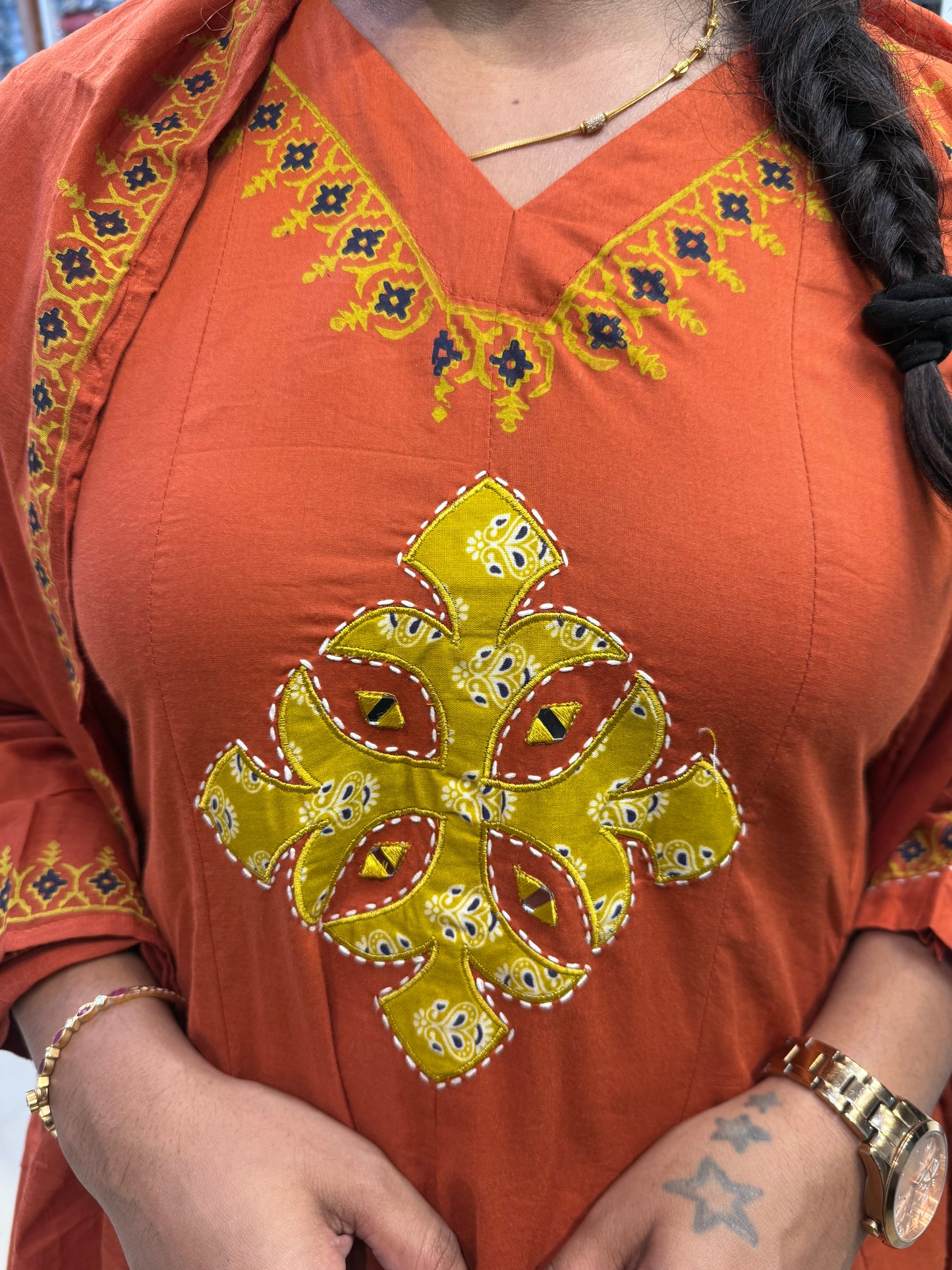 Rust Orange Block Printed Shoulder Kali Kurti With Pant and Dupatta- HSC143