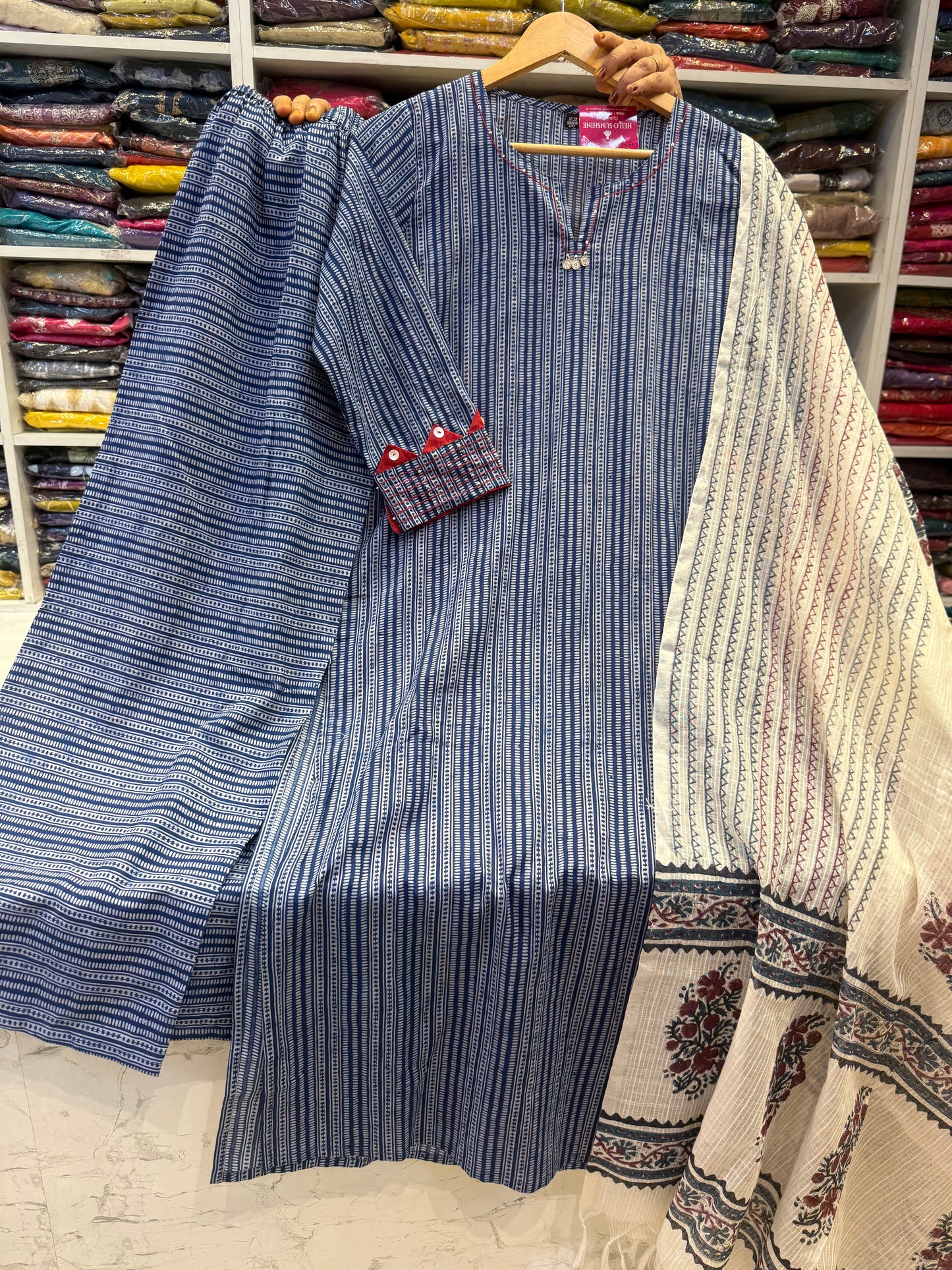 Indigo Stripes Pure Cotton Kurti With Pant and Dupatta