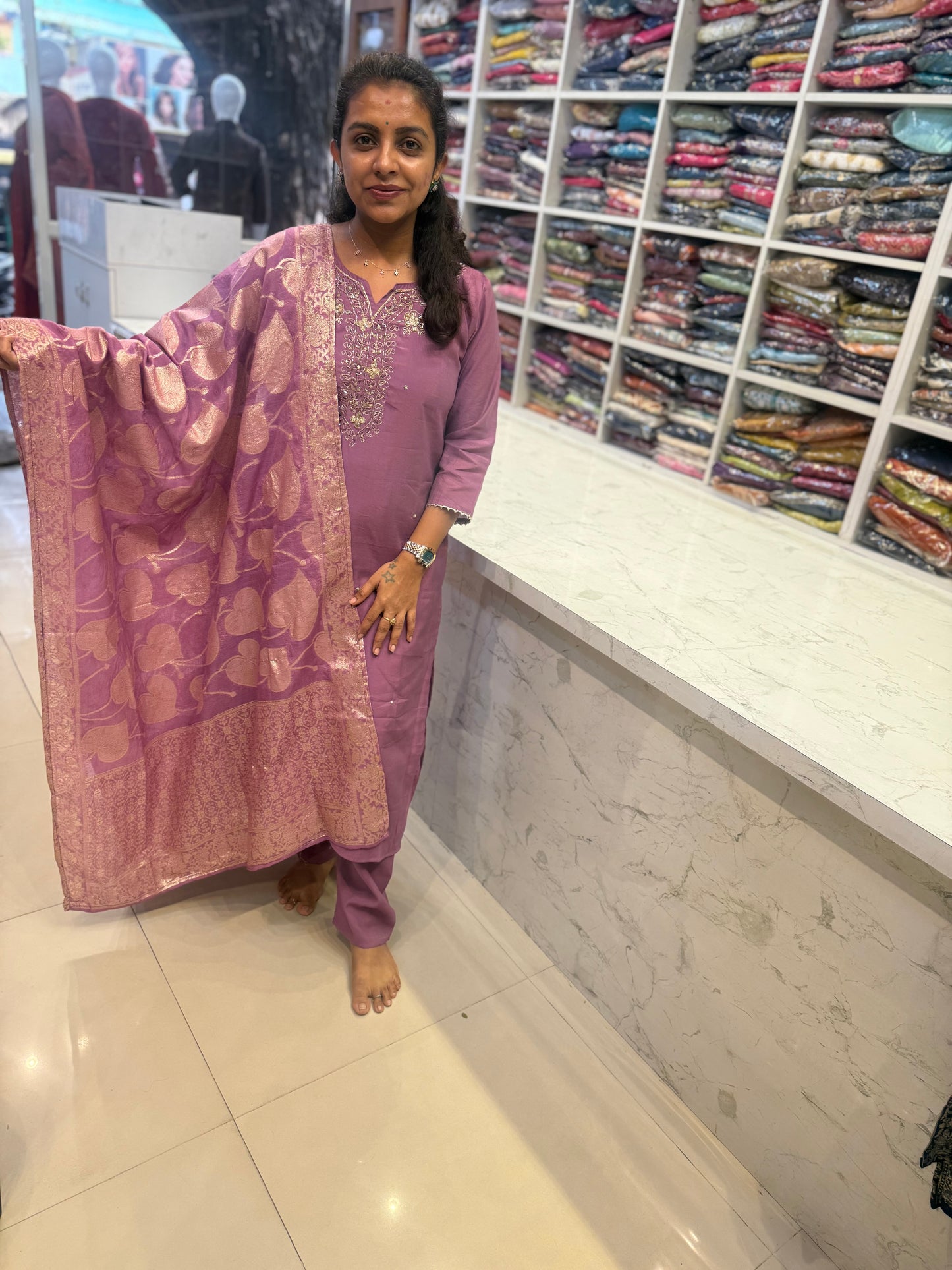 Lavender Roman Silk Party wear Kurti With Pant and Dupatta