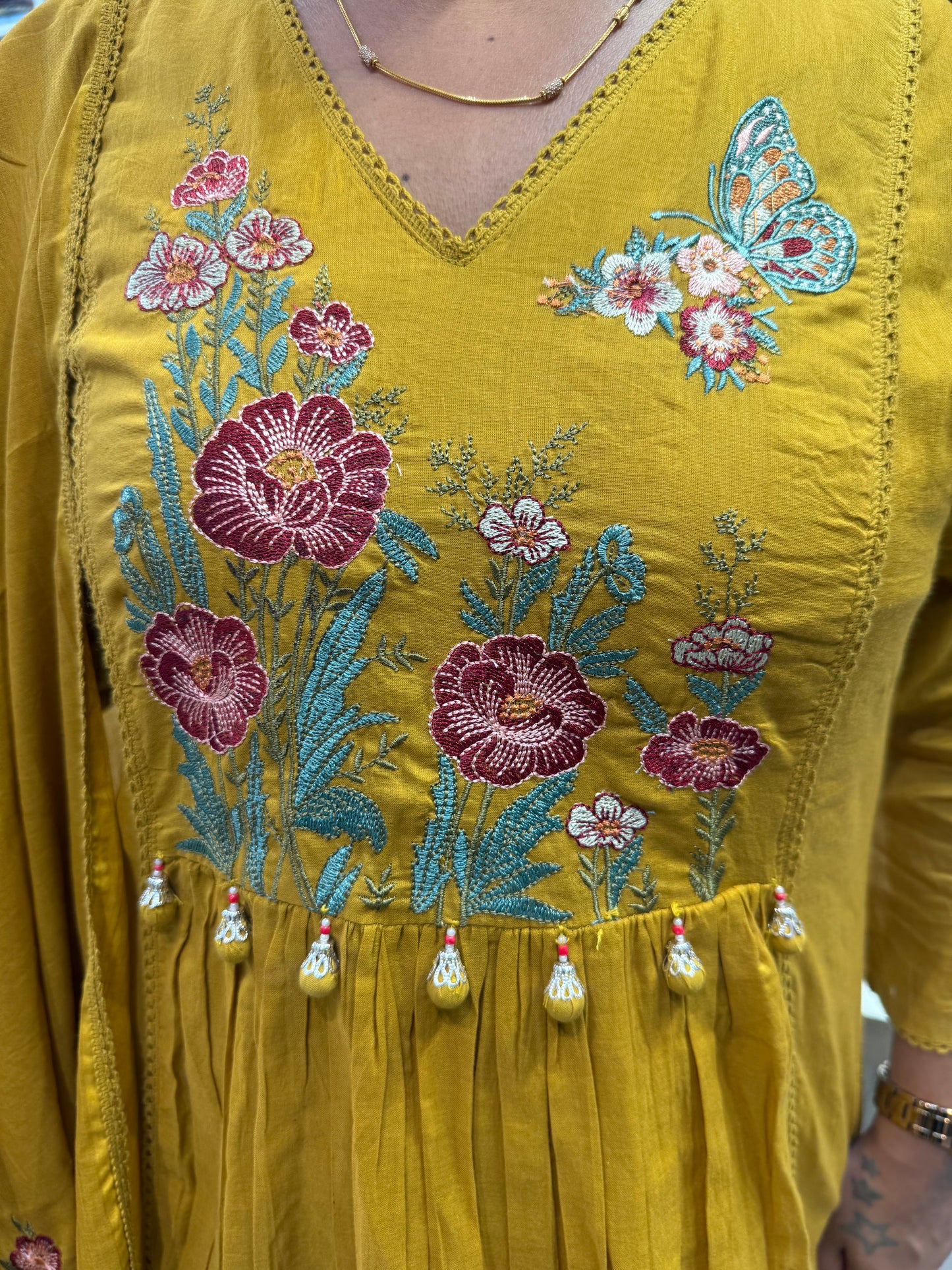 Mustard Mul Cotton Embroidered Kurti With Pant and Dupatta