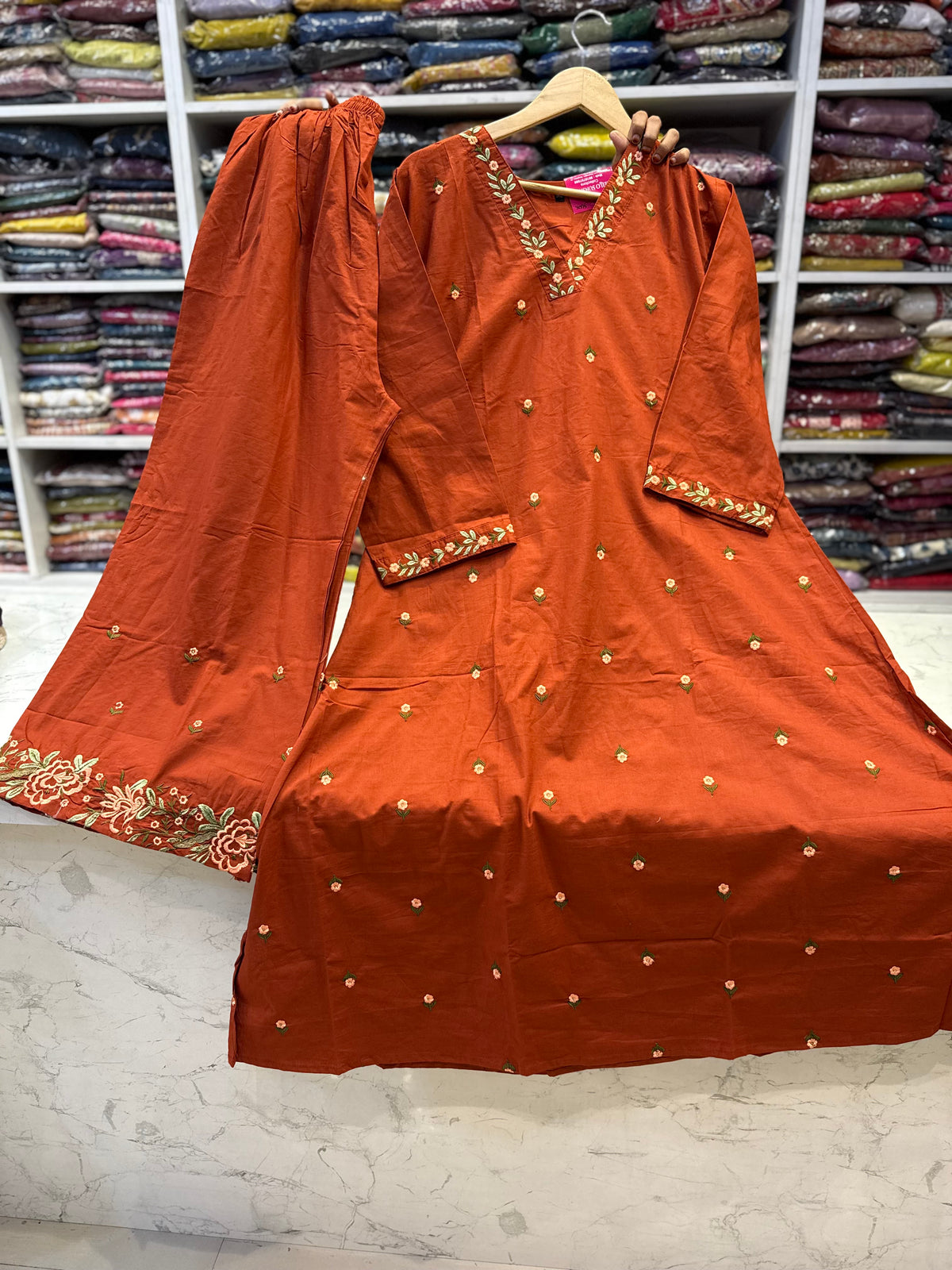 Rust Orange Embroidery Kurti With Pant -HSC1207