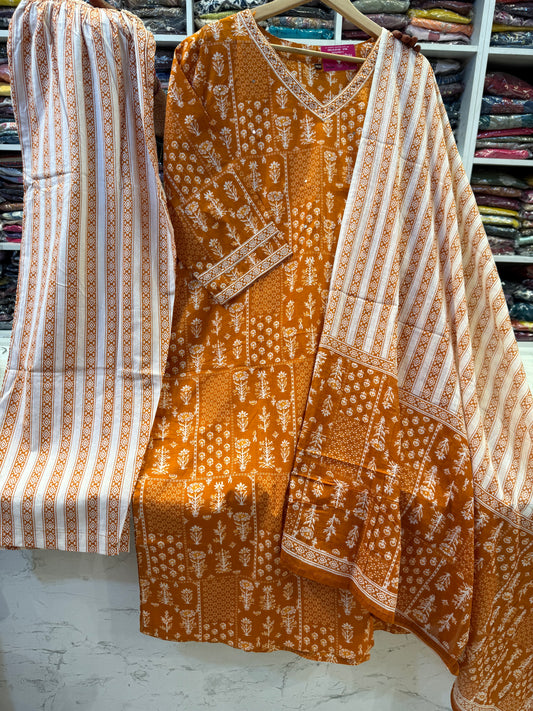 Printed Cotton Kurti with Pant and Dupatta -  HSC1149