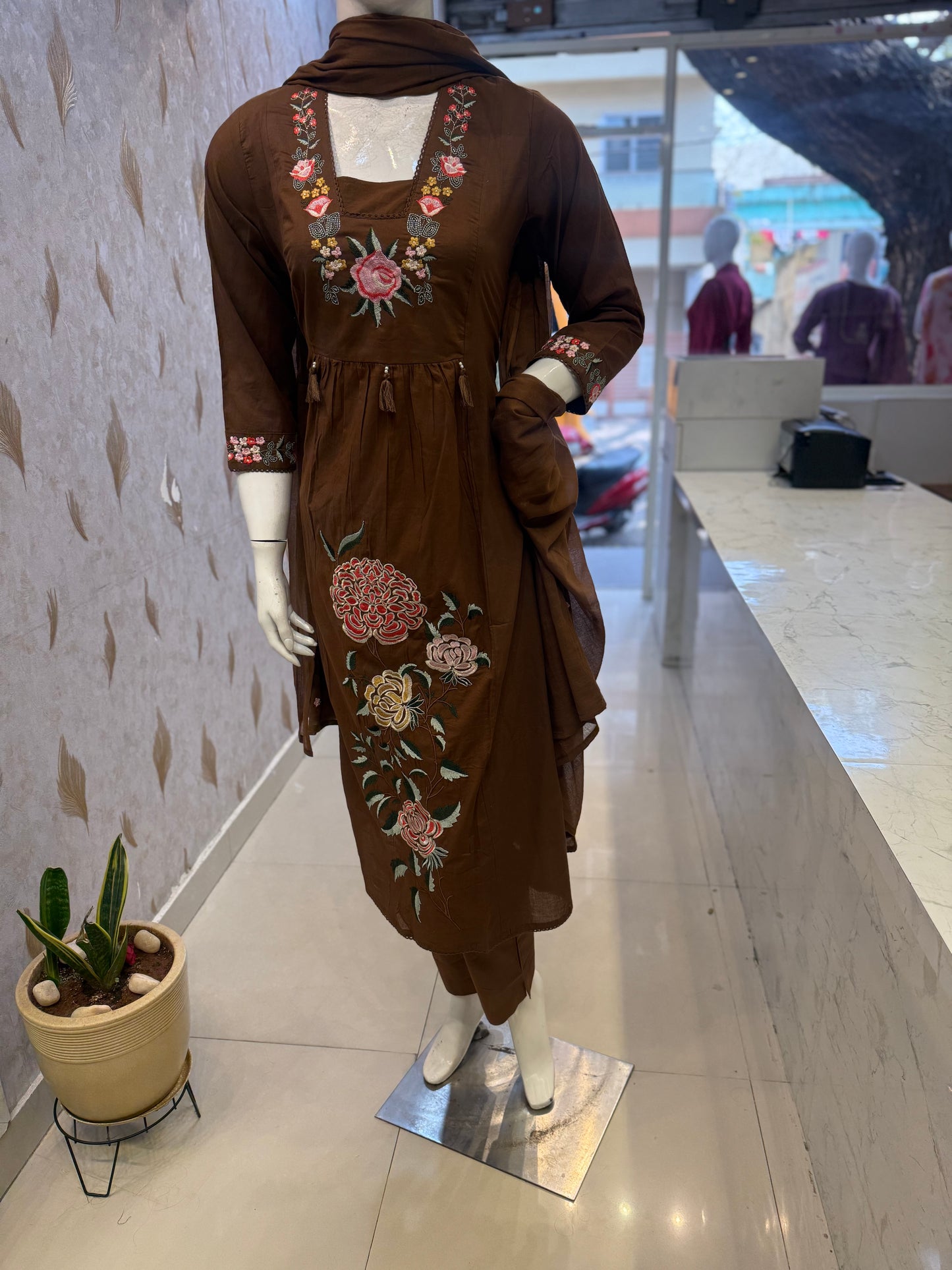 A-line Embroidery Work Kurti With Pant and Dupatta