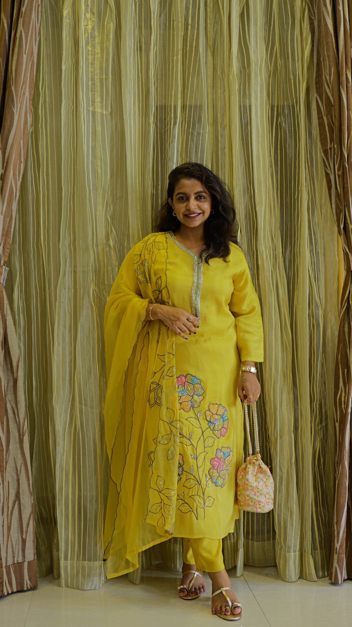 Yellow Pure Tissue Silk Kurti With Pant and Dupatta -HSC1238