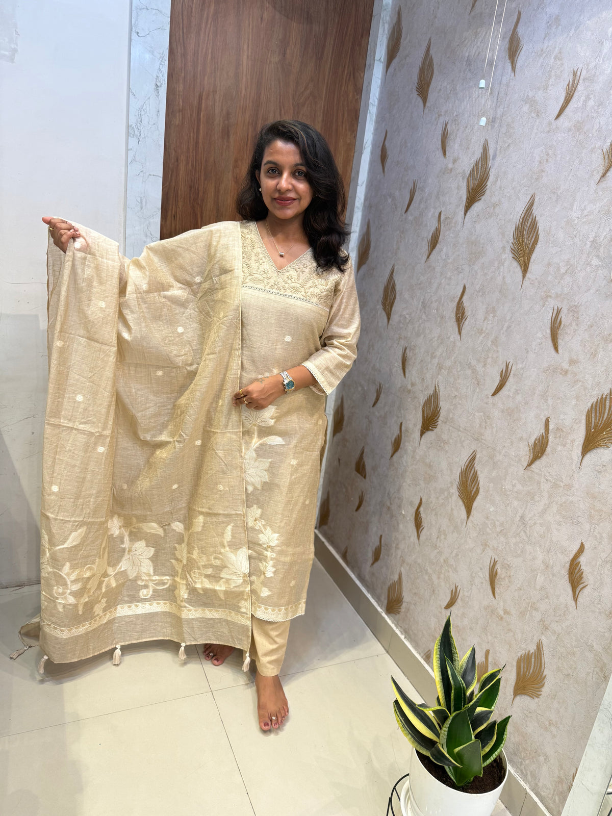 Pure Mul Chanderi Embroidery Kurti With Pant and Dupatta -HSC1318