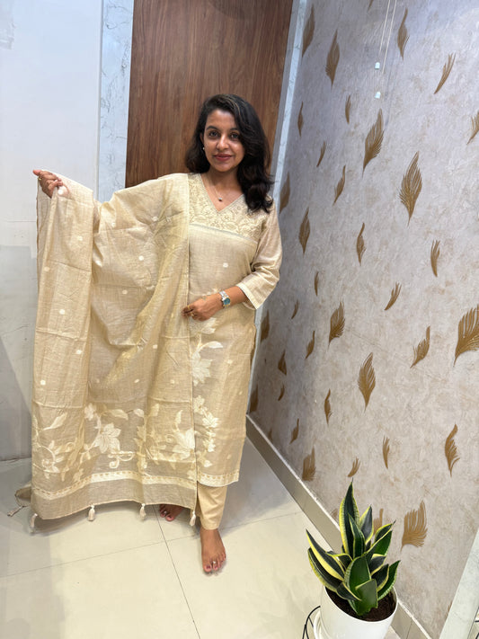 Pure Mul Chanderi Embroidery Kurti With Pant and Dupatta -HSC1318