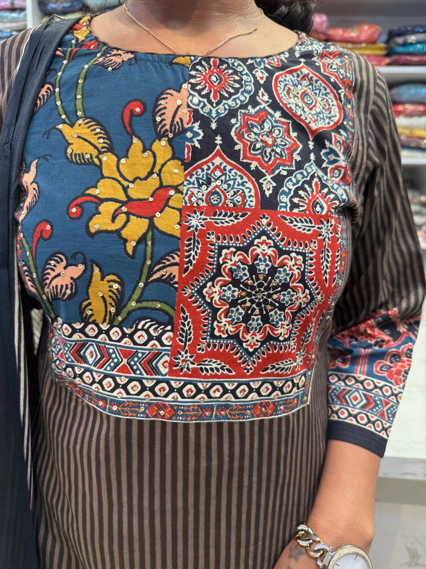 Black Printed Stripes Kurti With Pant and Dupatta