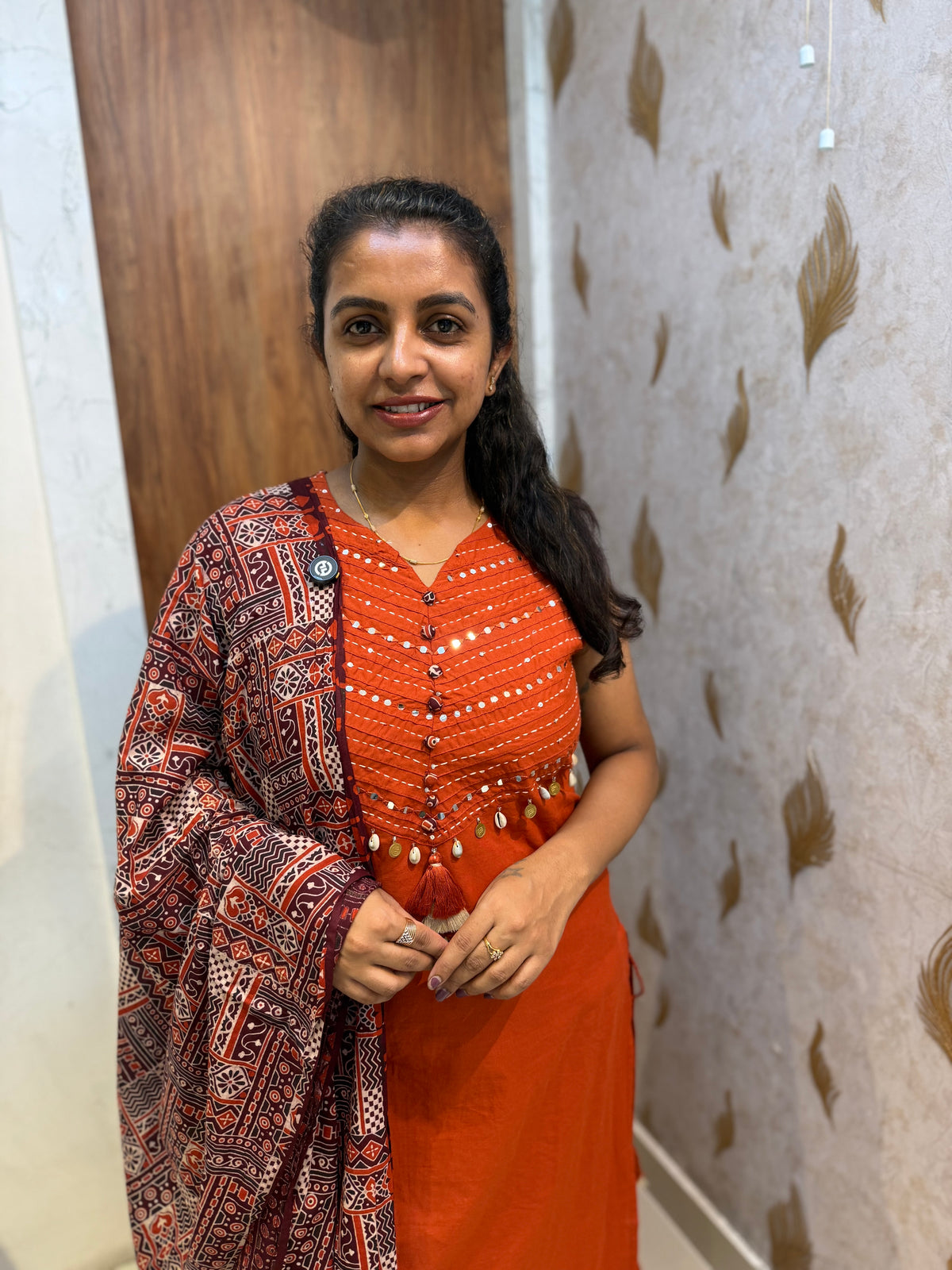 Rust Orange Embroidery Kurti With Pant and  Printed Dupatta -HSC1263