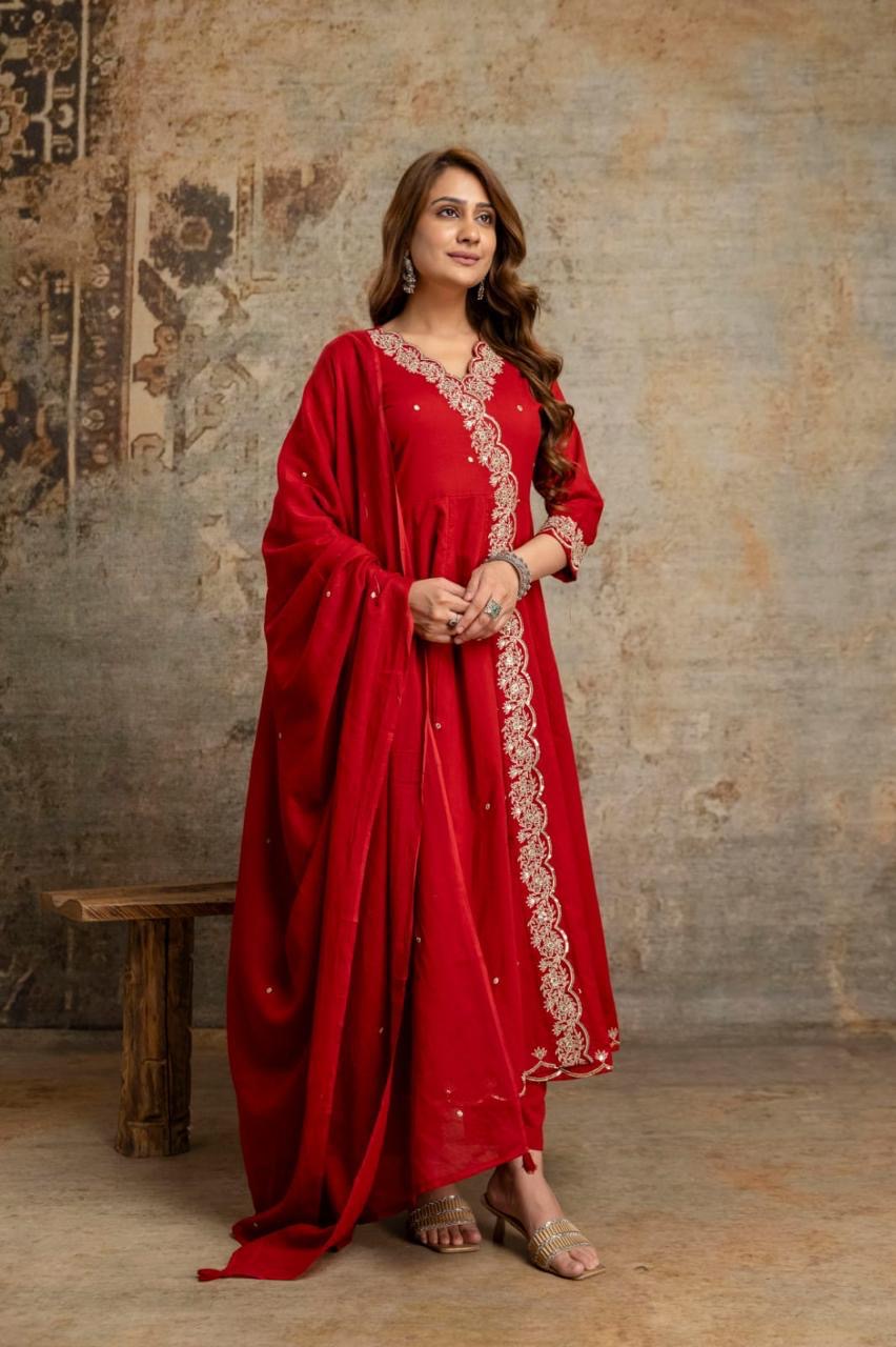 Red Pure Cotton Embroidered Angarkha Kurti With Pant and Dupatta - HSC1200