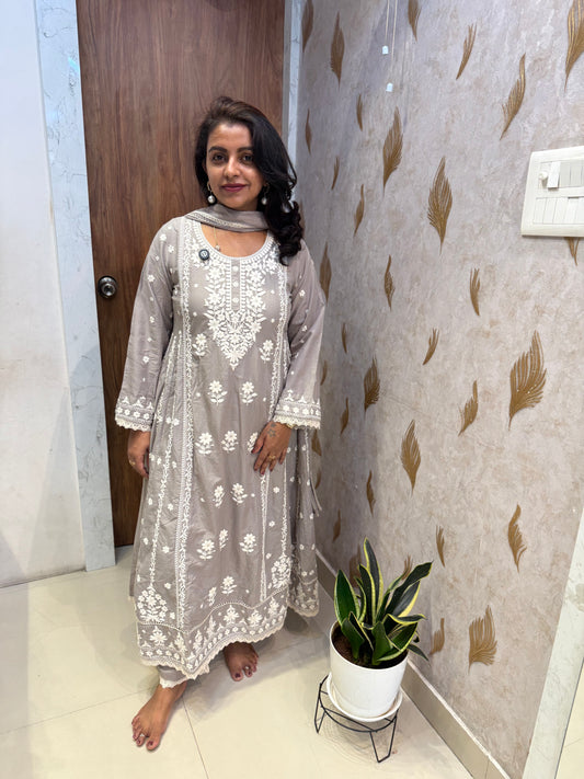 Grey Mul Cotton Embroidered Kurti With Pant and Dupatta -HSC1225