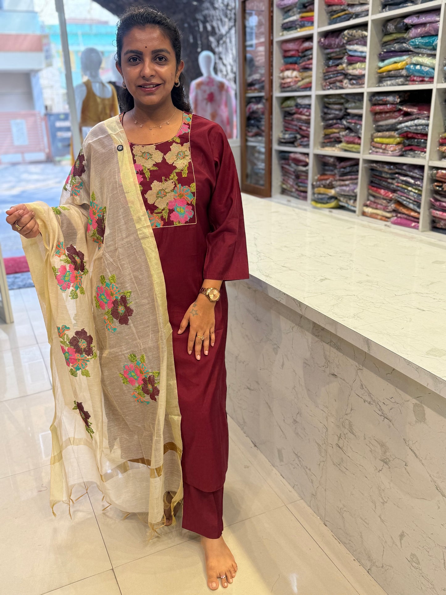 Pure Silk Crosstich work Kurti With Pant and Dupatta