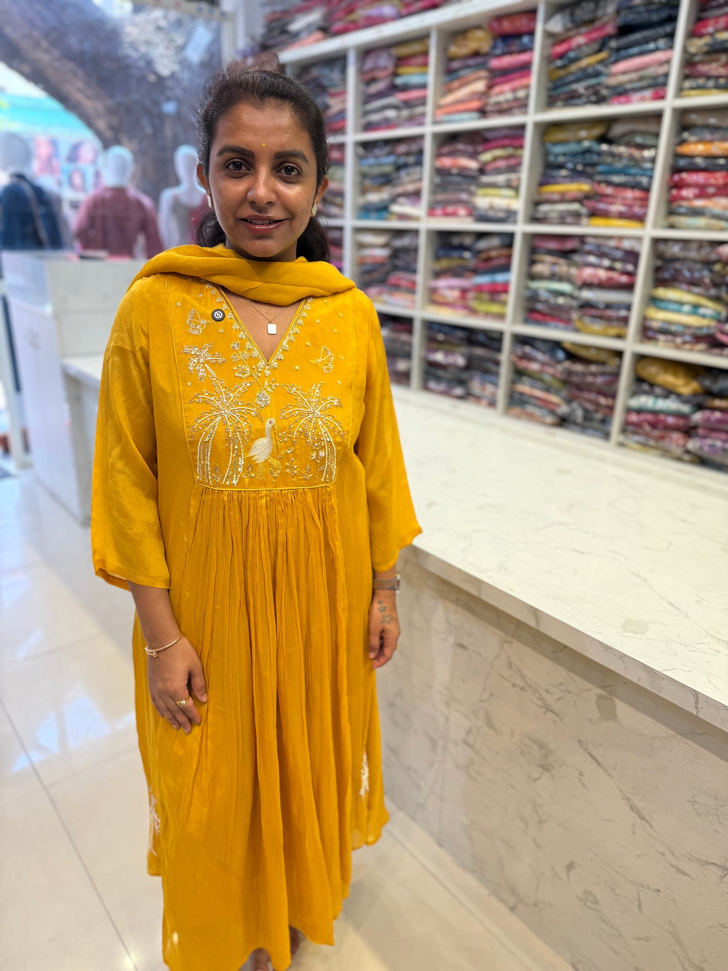 Mustard Yellow Pure Chinnon Kurti With Pant and Dupatta-HSC11