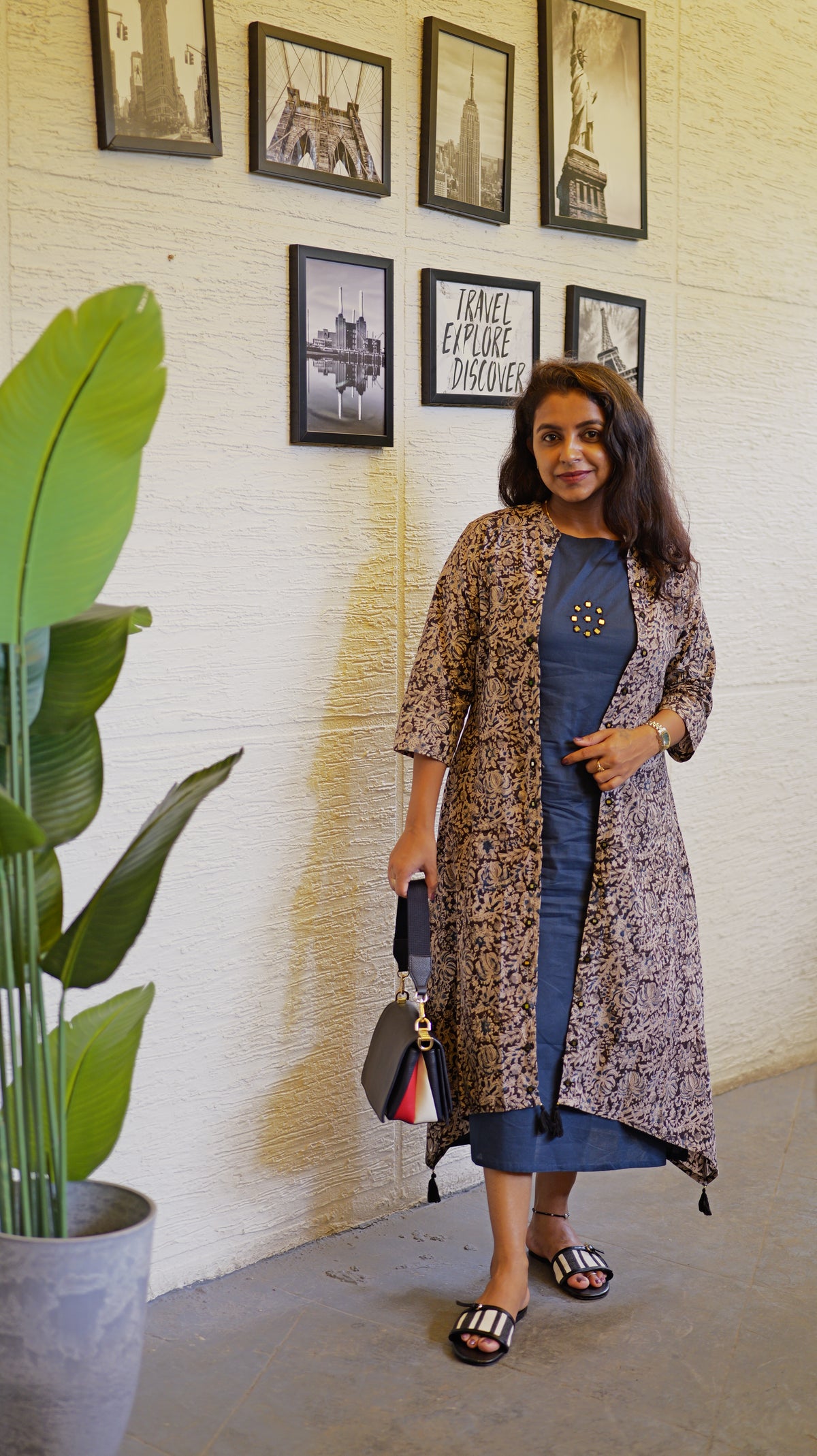 Kalamkari Navy Blue Printed A-line Dress -HSC1265