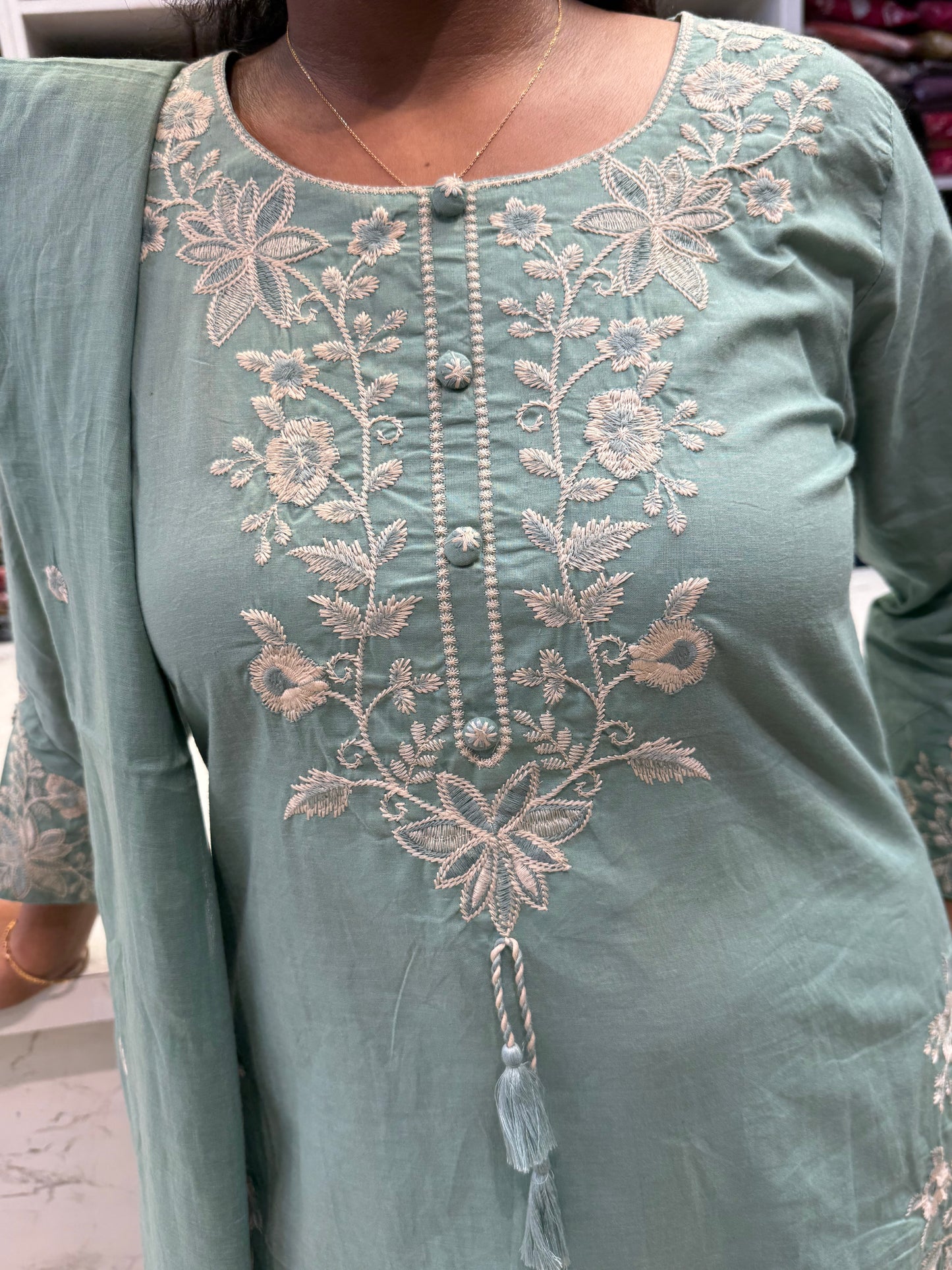Mint Green Pure Cotton Embroidery Kurti With Pant and Dupatta - HSC1145