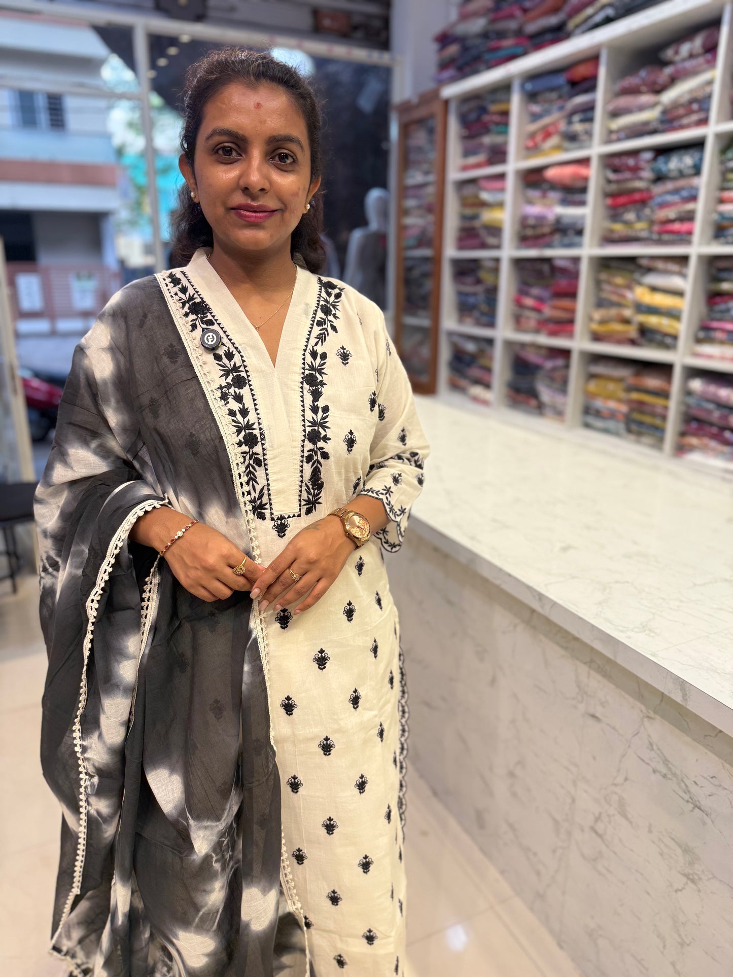 Tie and Dye White and Black Pure Cotton Flex Kurti With Pant and Dupatta-HSC182