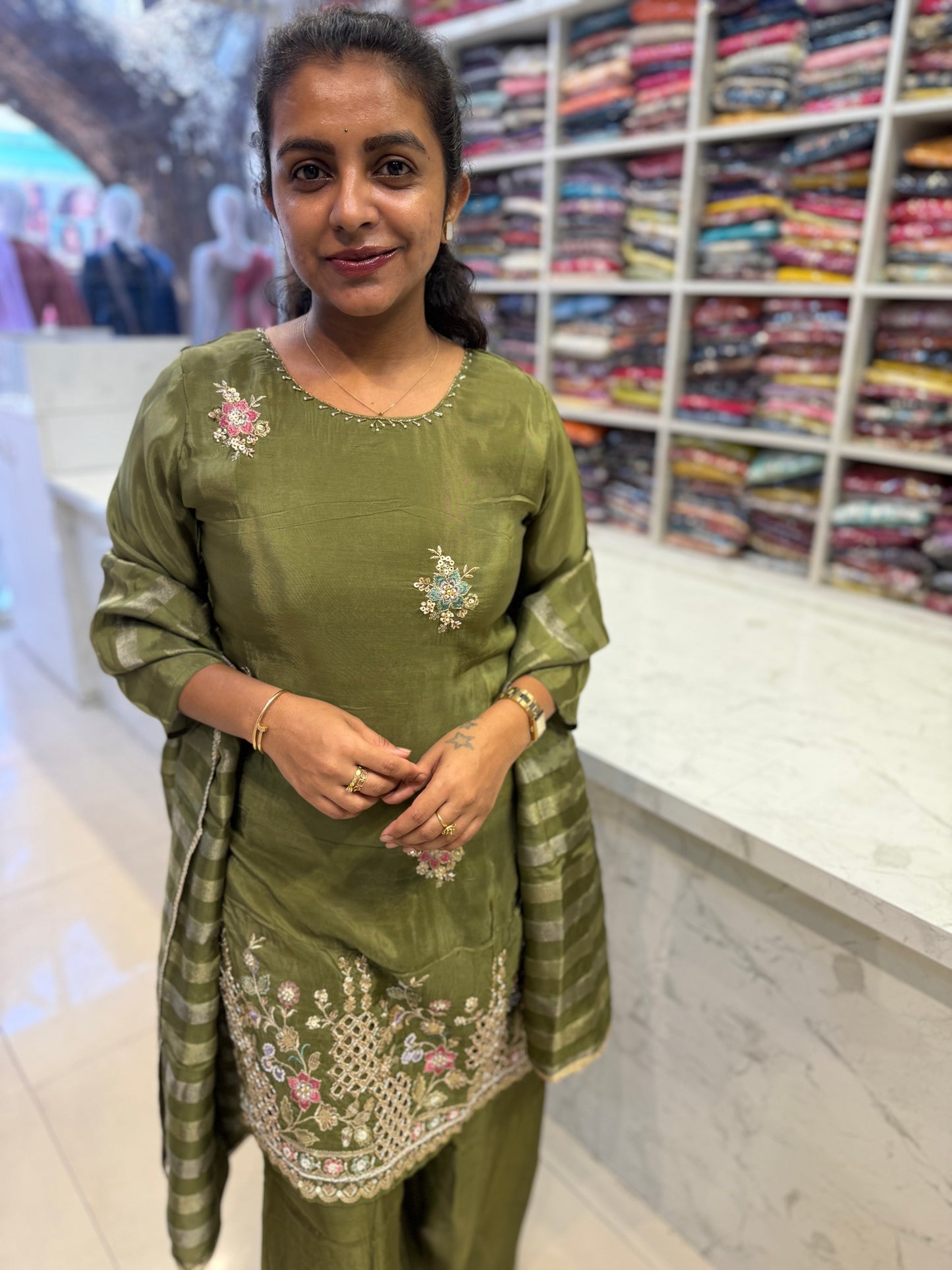 Olive Green Kurti With Palazzo Pant With Dupatta