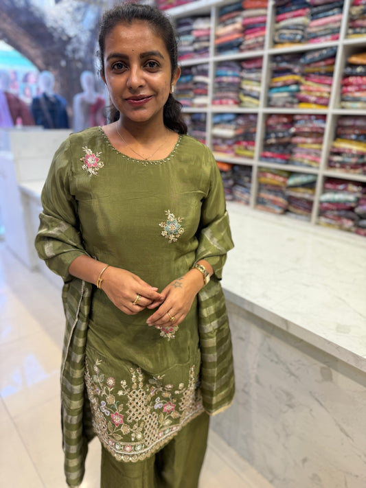 Olive Green Kurti With Palazzo Pant With Dupatta