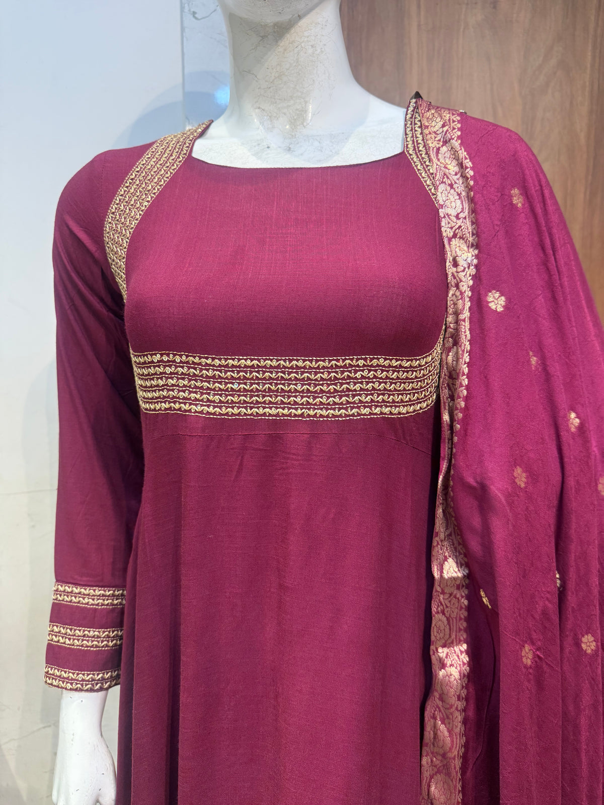 Free Earrings Wine Anarkali Soft Rayon With Pant and Dupatta - HSC1201