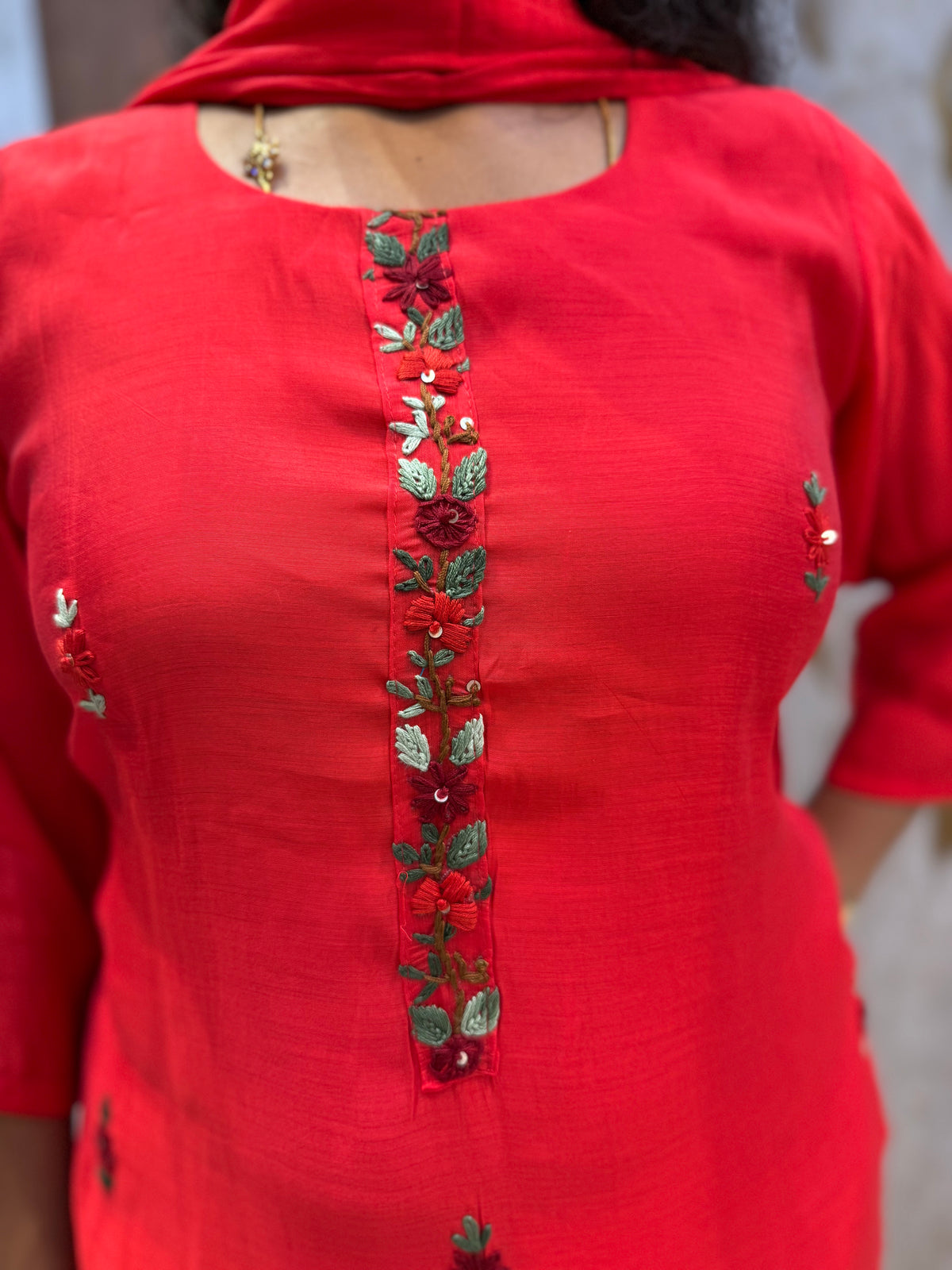 Red Hand Embroidery Pure Silk Kurti With Pant and Dupatta -HSC1240