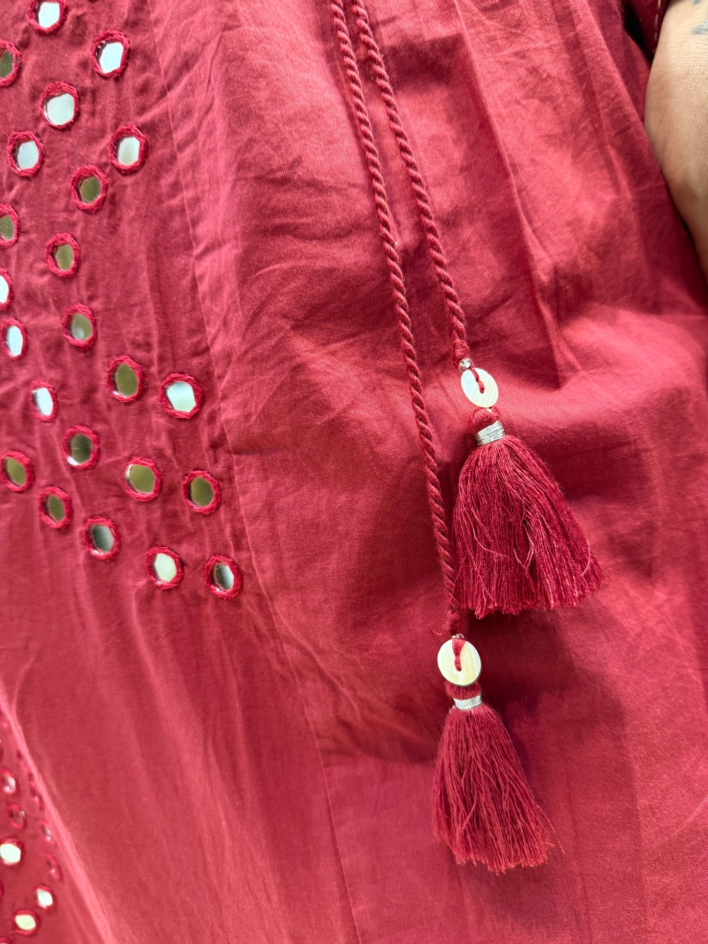 Mirror Work Red Pure Cotton Kurti With Pant and Dupatta-HSC128
