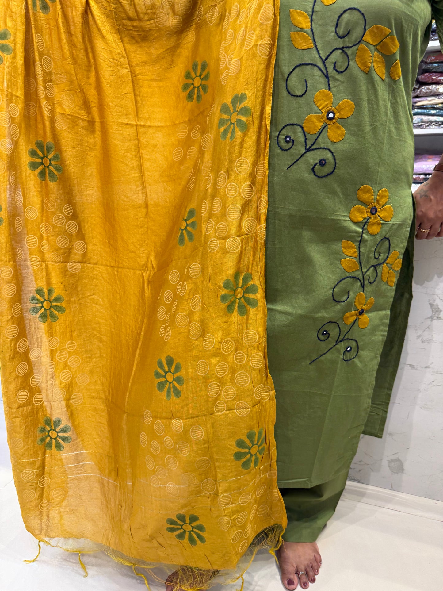Appliqué Pure Cotton Embroidered Kurti With Pant and Dupatta-HSC132