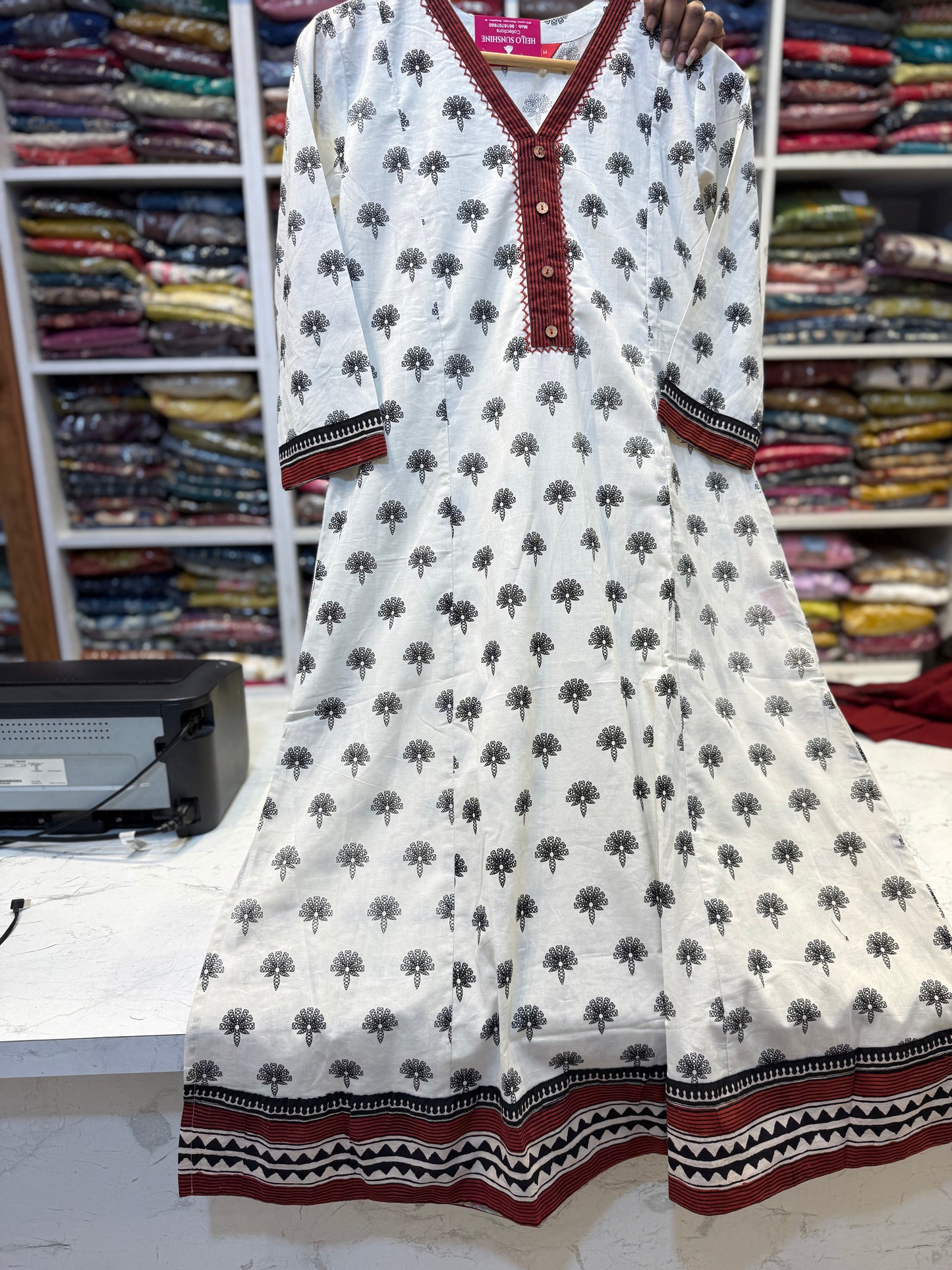 Half White Printed Pure Cotton A-line Kurti