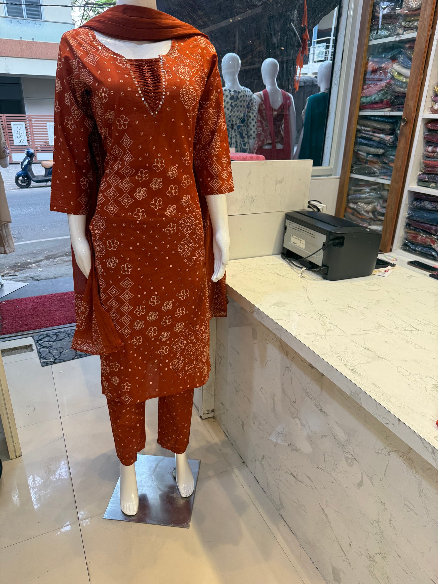 Rust Orange Bandini Cotton Kurti With Pant and Dupatta-HSC124