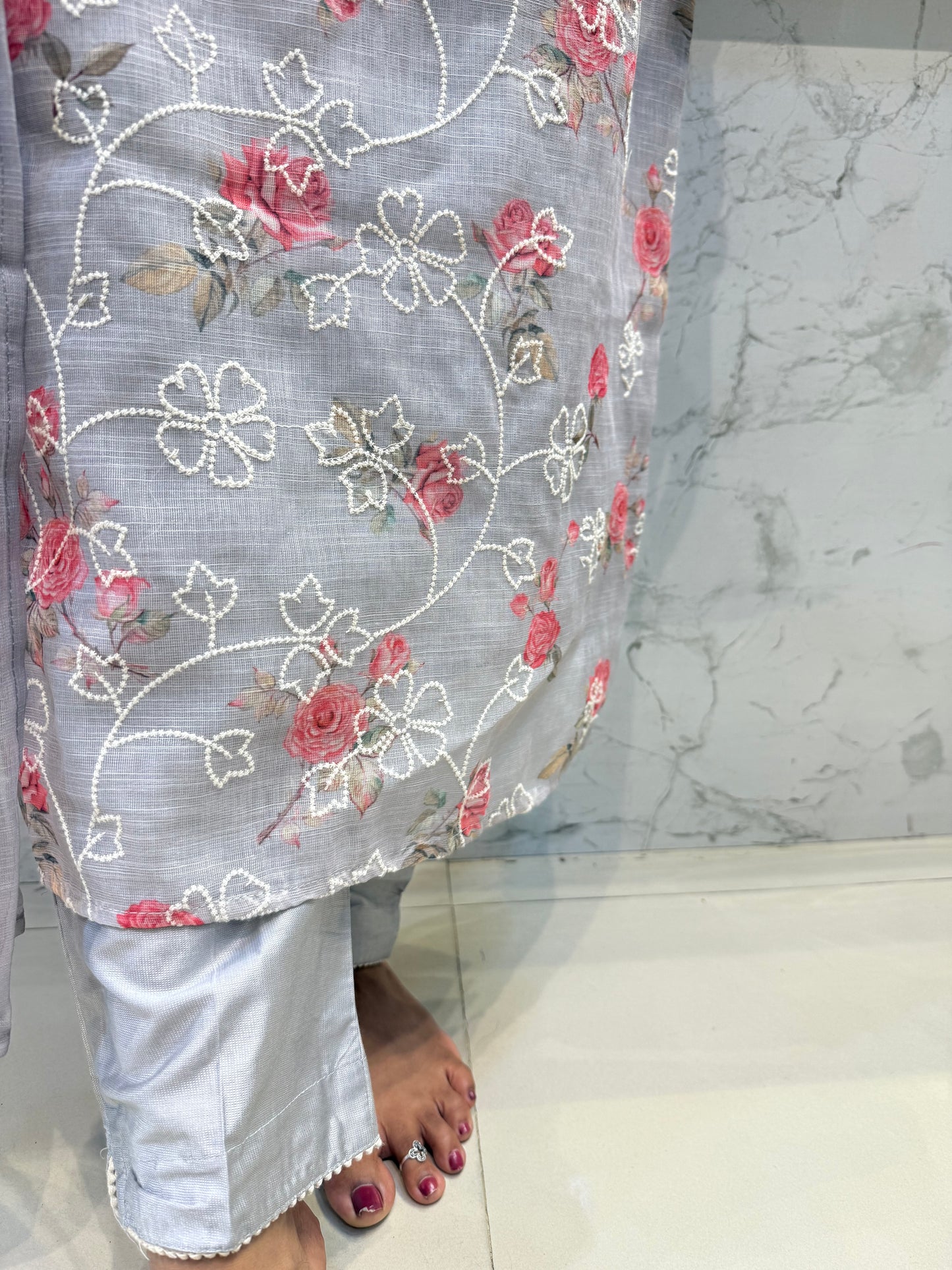 Pure Linen Katha Kurti With Pant and Dupatta