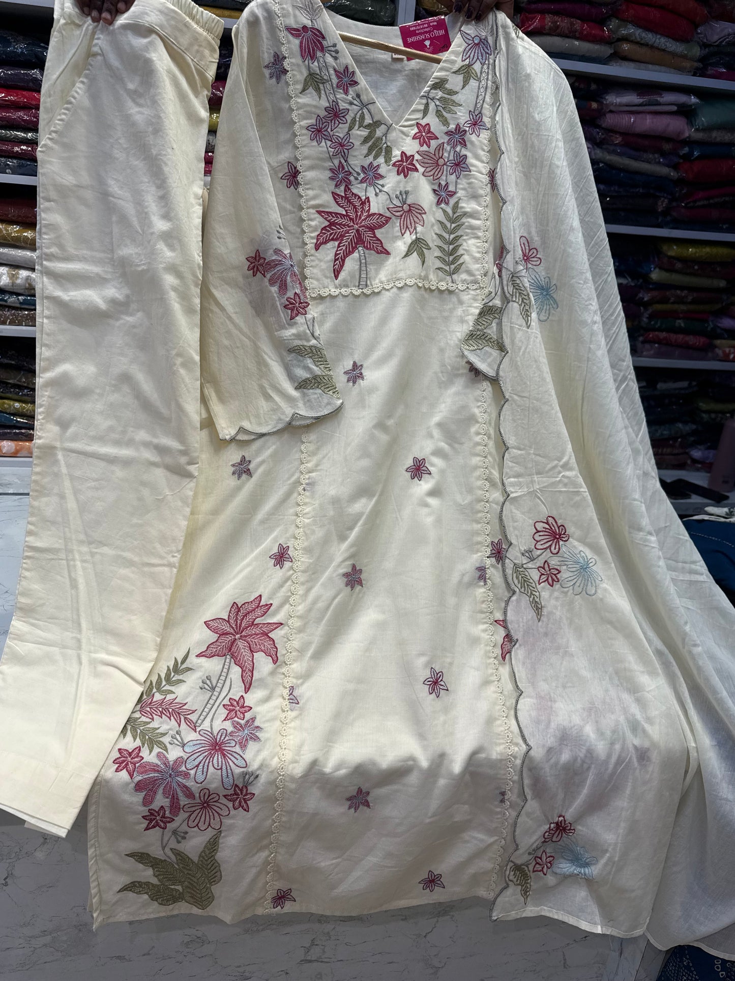 Half White Embroidery Pure Cotton Kurti With Scallop Cut Dupatta