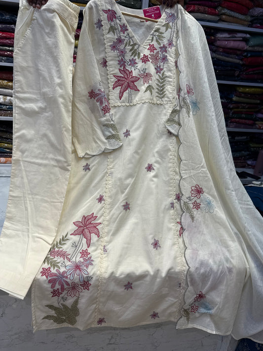 Half White Embroidery Pure Cotton Kurti With Scallop Cut Dupatta