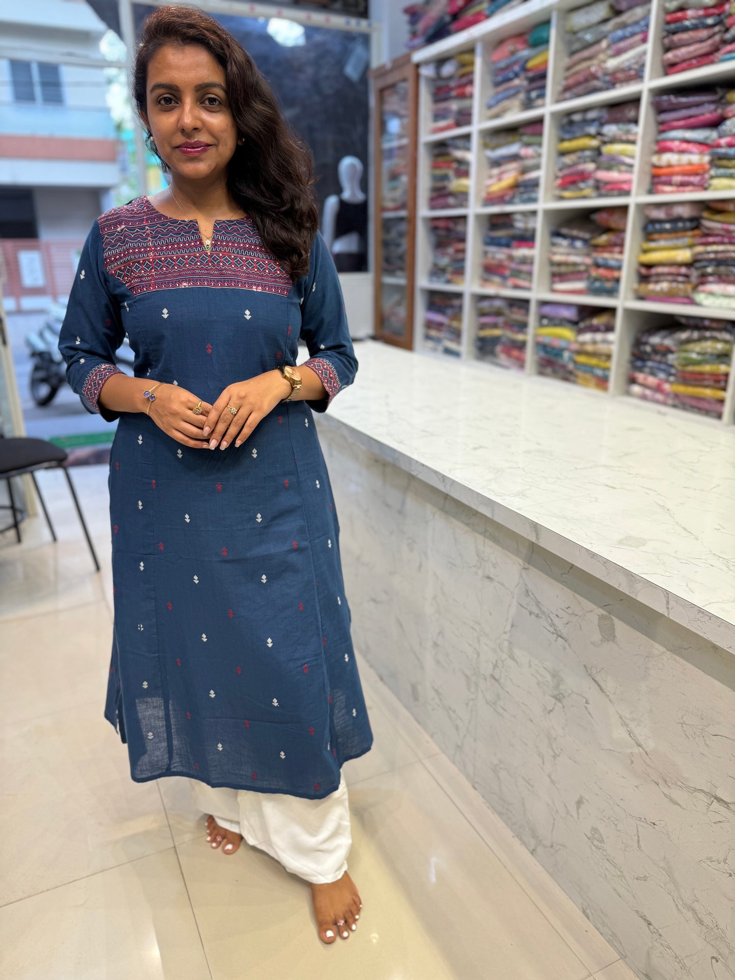 Blue Embroidery Pure Cotton Kurti