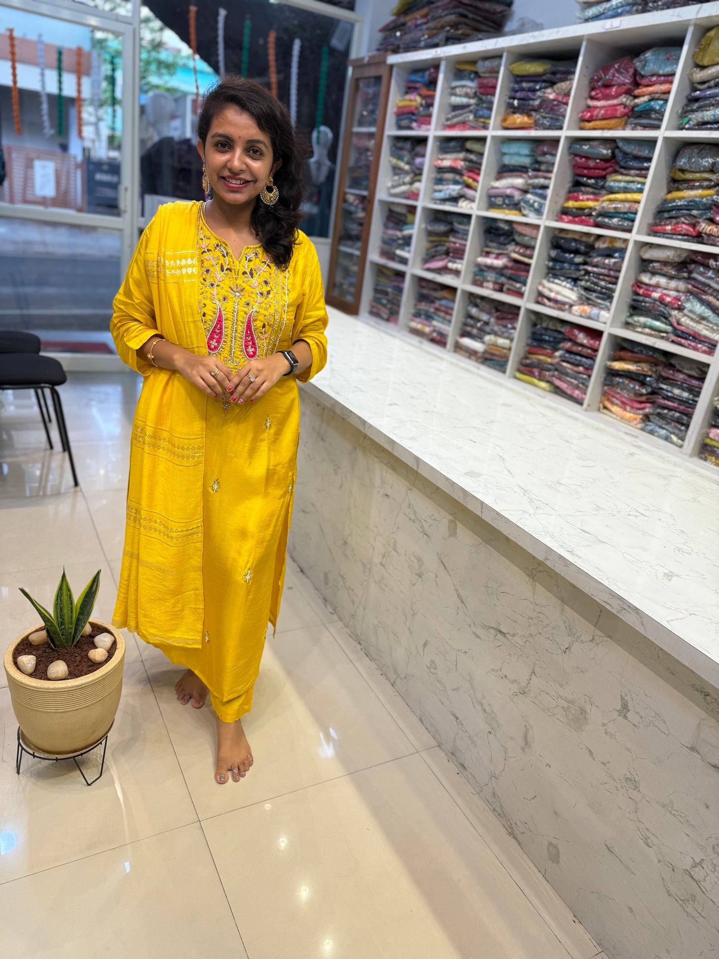 Yellow Straight Cut Pure Dola Silk Kurti with Pant and Dupatta