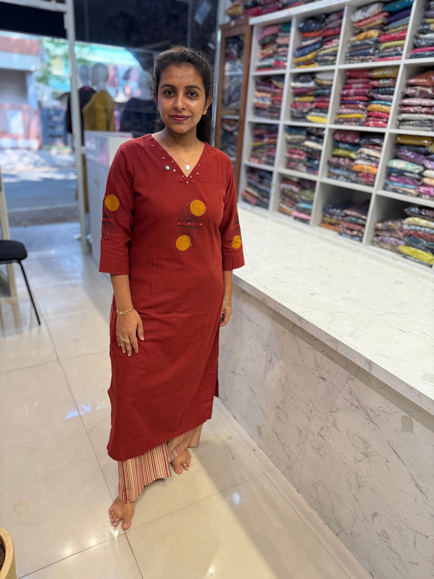 Hand Painted Pure Cotton Marron Kurti With Stripes Pant-HSC62