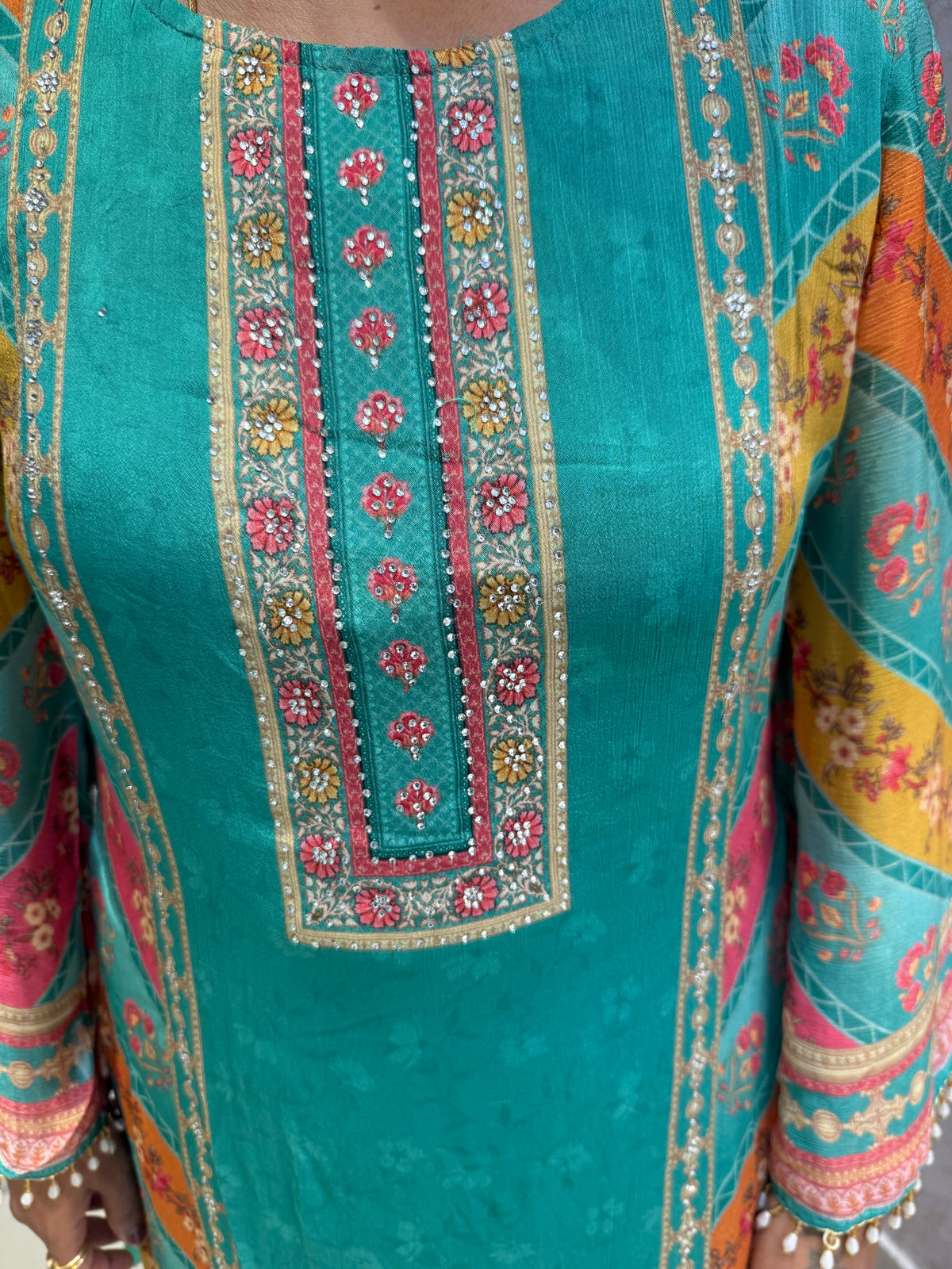 Digital Printed Pure Chinnon Beads Fishcut Kurti With Pant and Dupatta -HSC1231