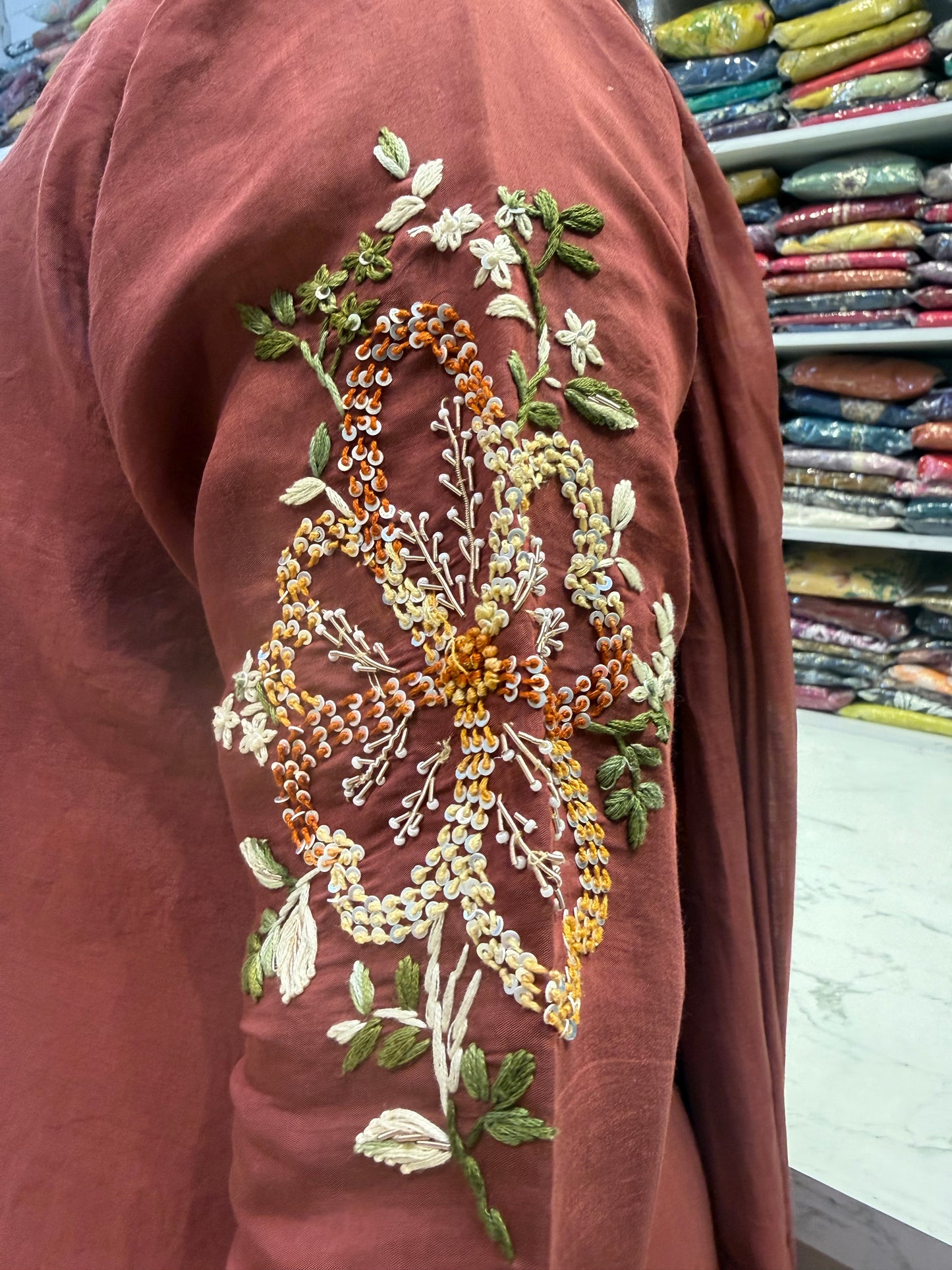 Mauve Brown Pure Mul Chanderi Hand Embroidered Kurti with Pant and Dupatta-HSC77